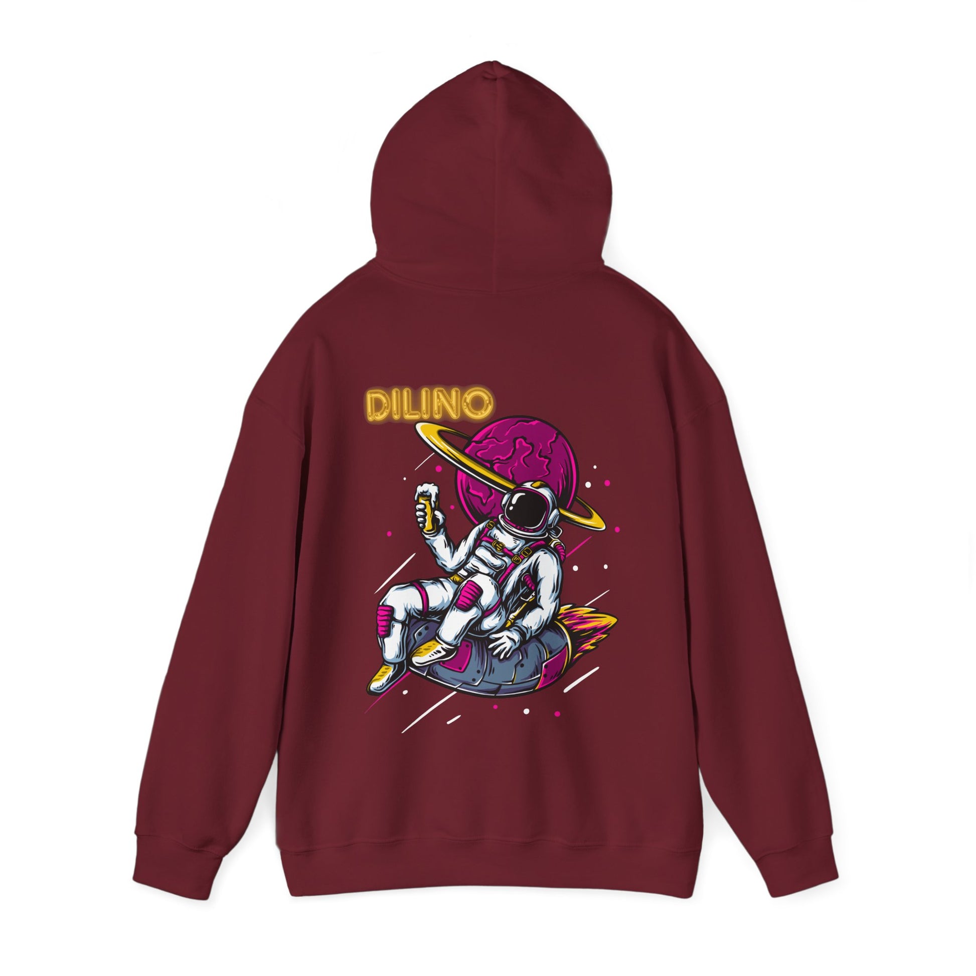Dreamy hoodie with a floating astronaut silhouette over the moon and minimalist “DILINO” text.