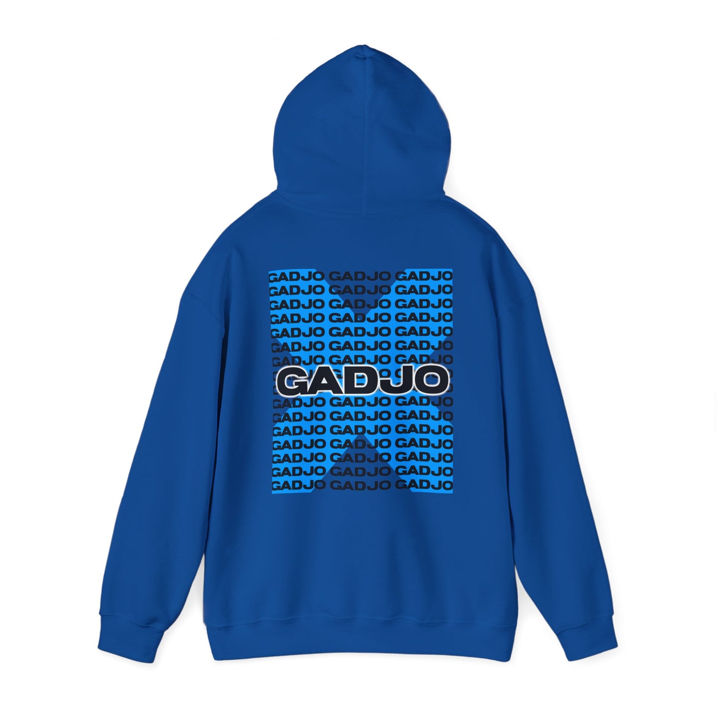 Contemporary hoodie with layered "GADJO" typography over subtle textures for a bold visual impact.

