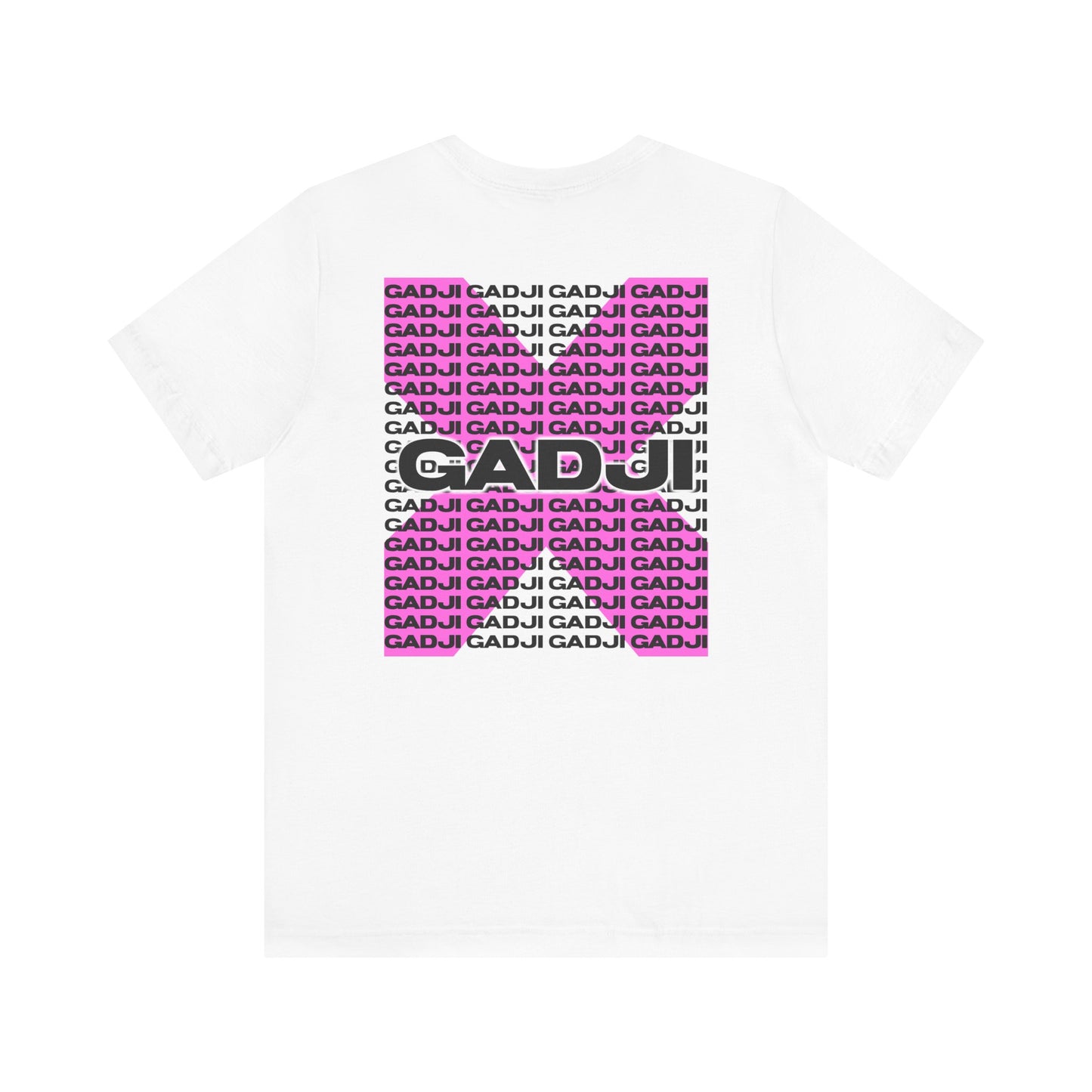 Short sleeve t-shirt featuring bold GADJI text in retro varsity font, front and center.