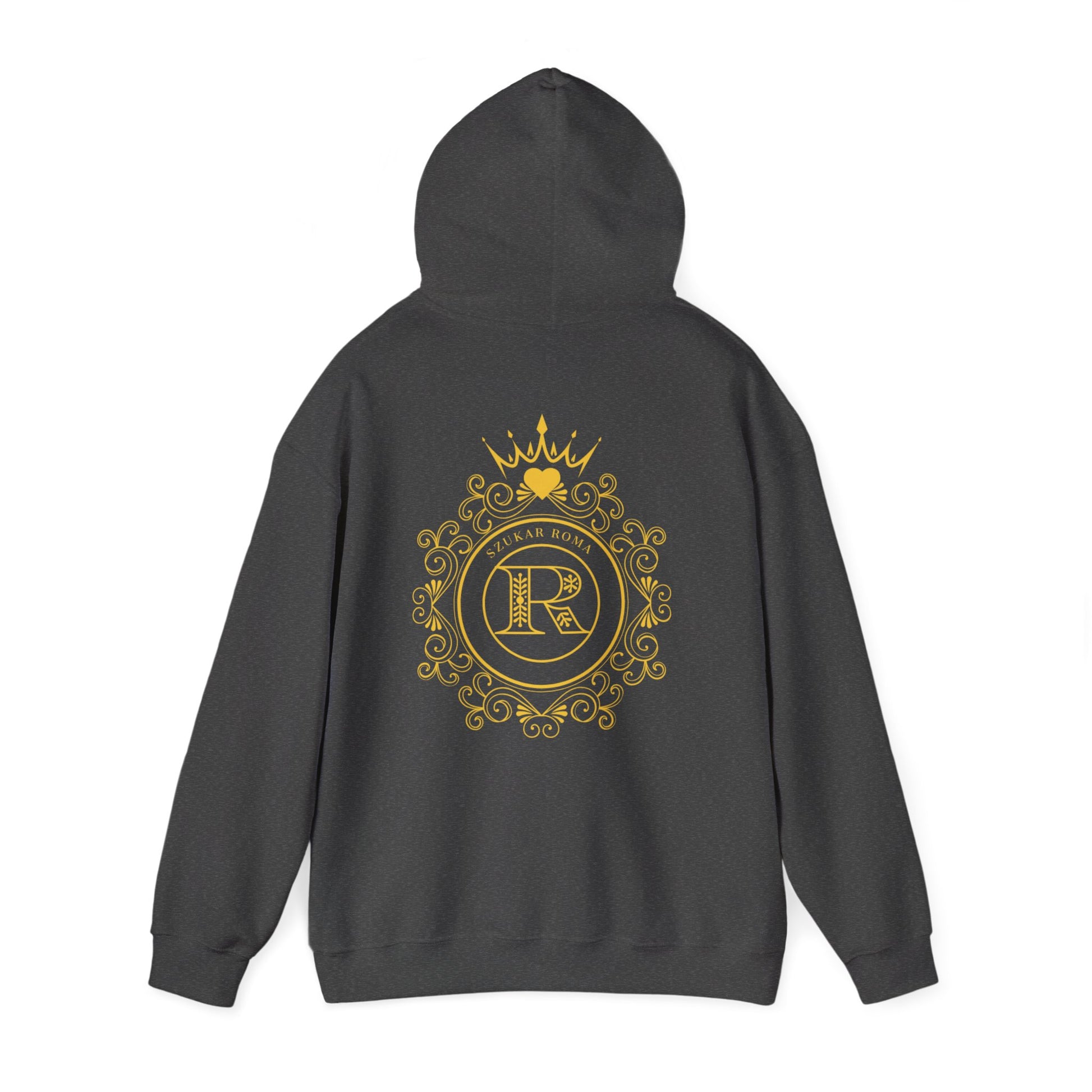 Bold hoodie graphic with minimalist circle design holding a crowned R and the SZUKAR ROMA label.

