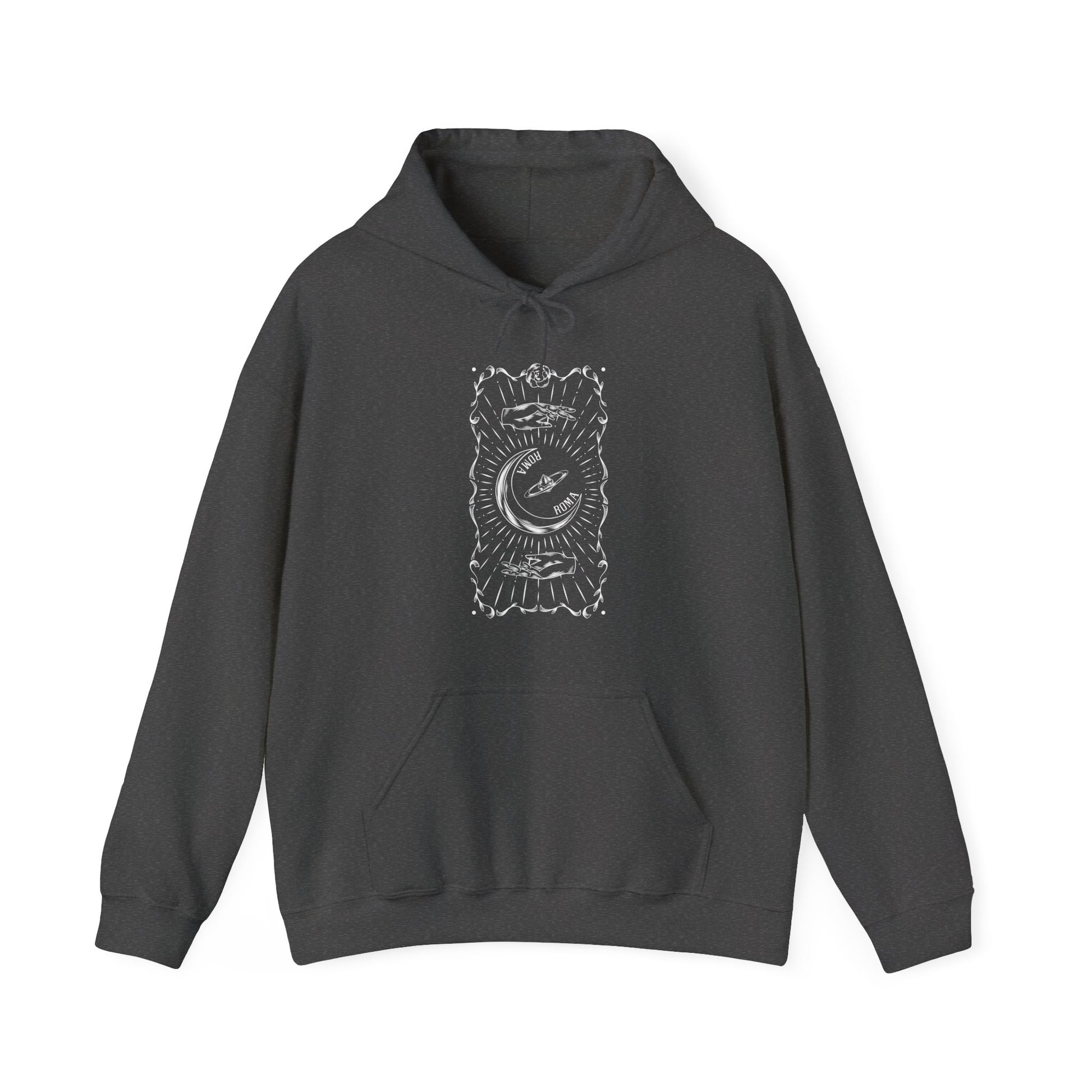 Comfortable ASH gray hoodie with artistic half-moon and ROMA text illustration