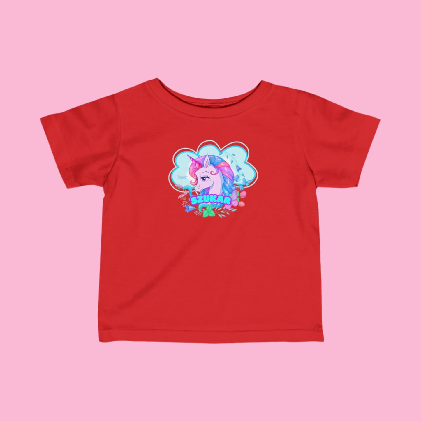 Szukar Roma kids’ tee showcasing a charming unicorn with flowing mane and stars.