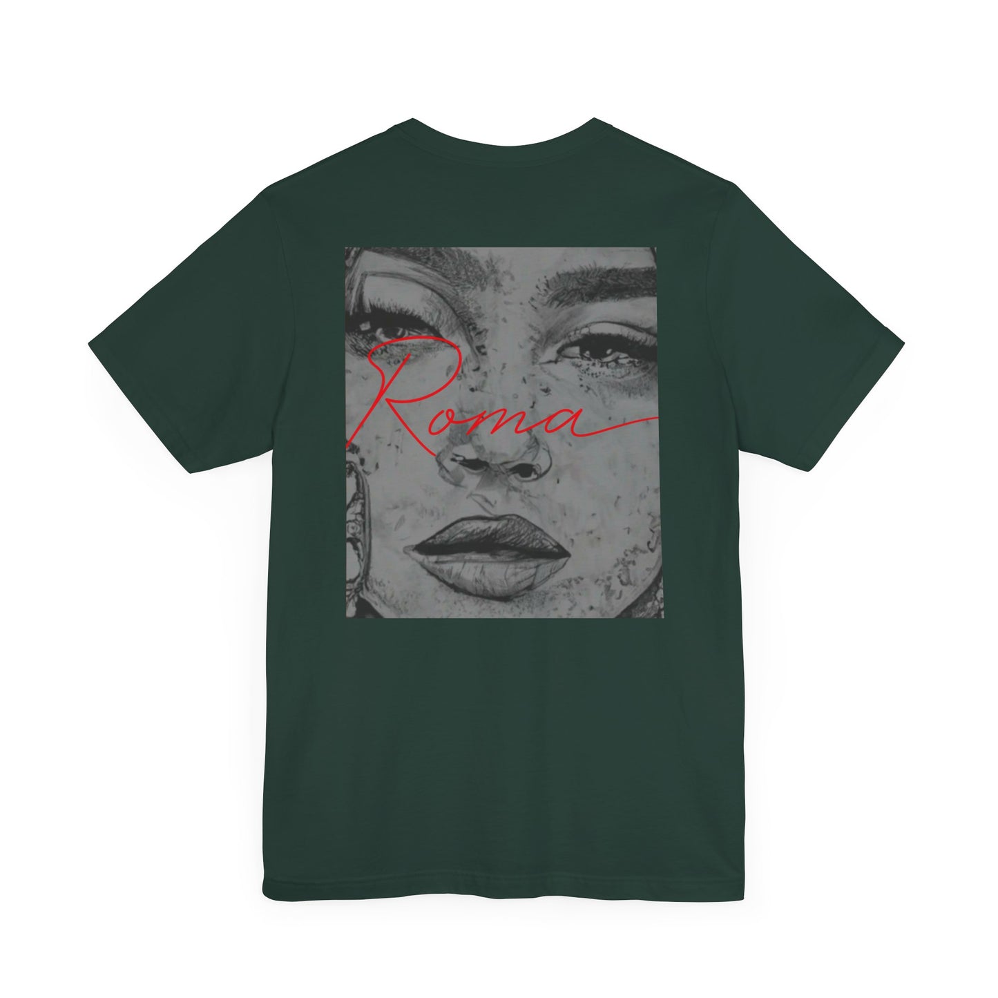 Black short sleeve shirt adorned with a detailed Roma statue print, ‘ATTENTION’ text subtly displayed behind, and ‘Roma’ positioned below the graphic.
