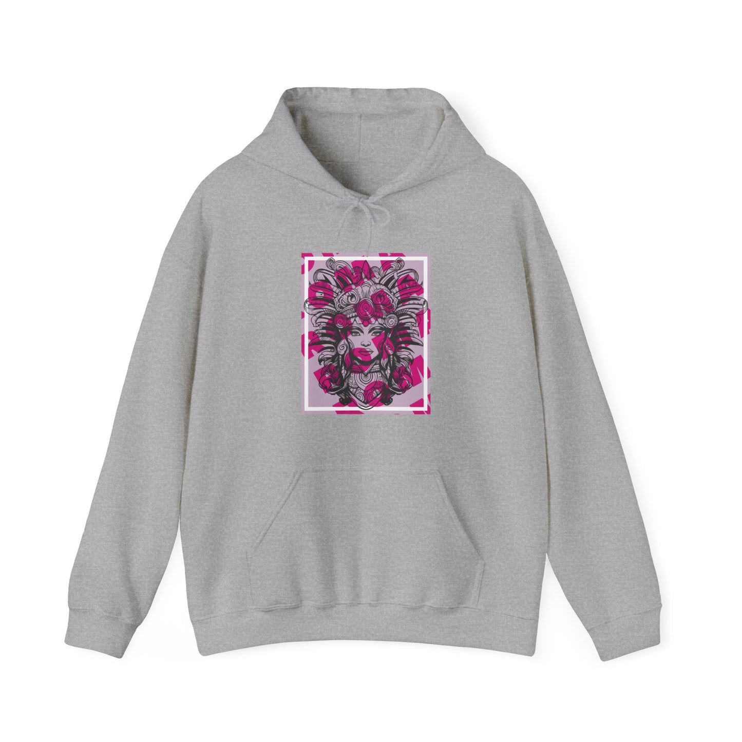 Statement hoodie featuring a detailed face design of a girl in a moment of reflection.

