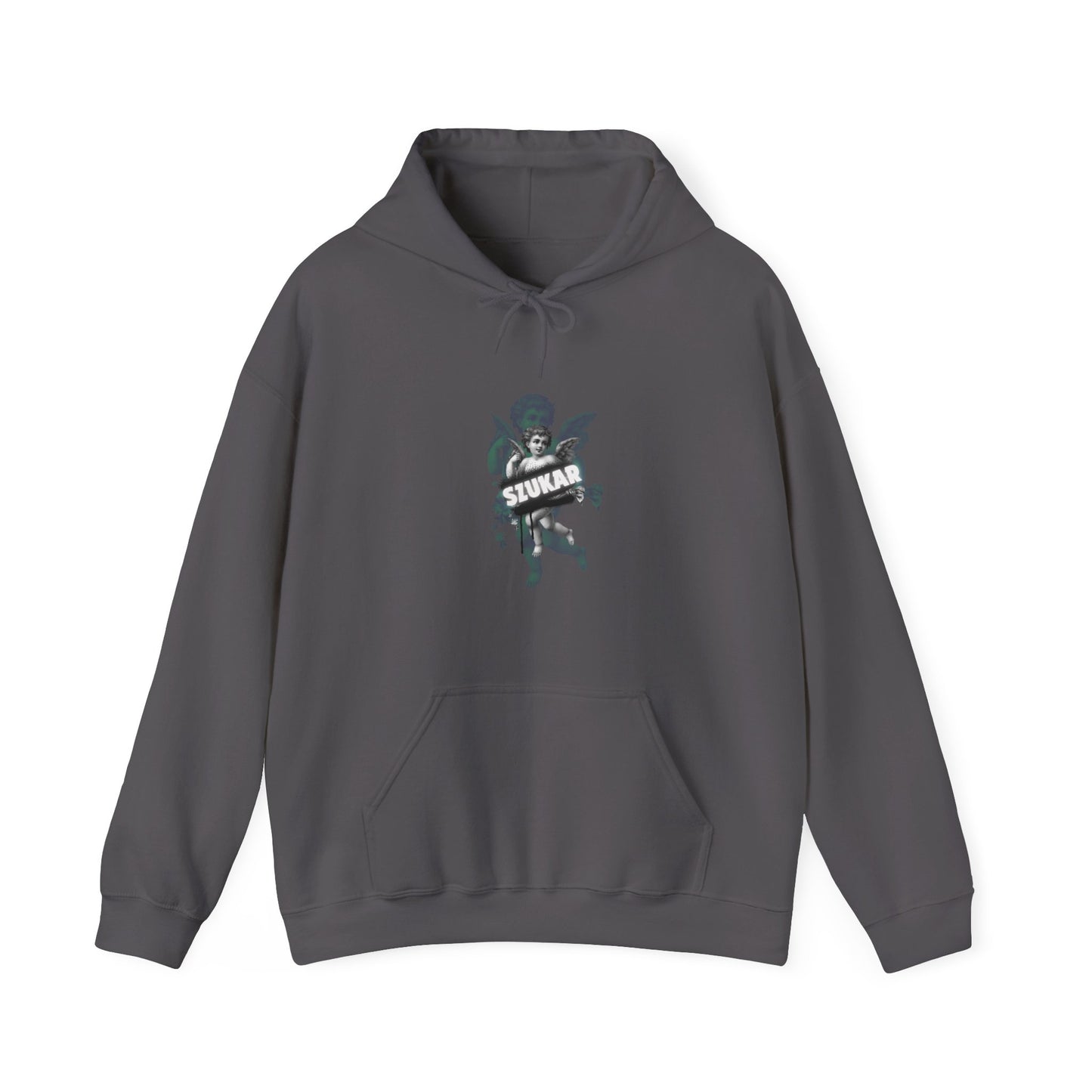 Soft hoodie showcasing a sketched guardian angel looking downward and subtle ‘SZUKAR’ name near the pocket.