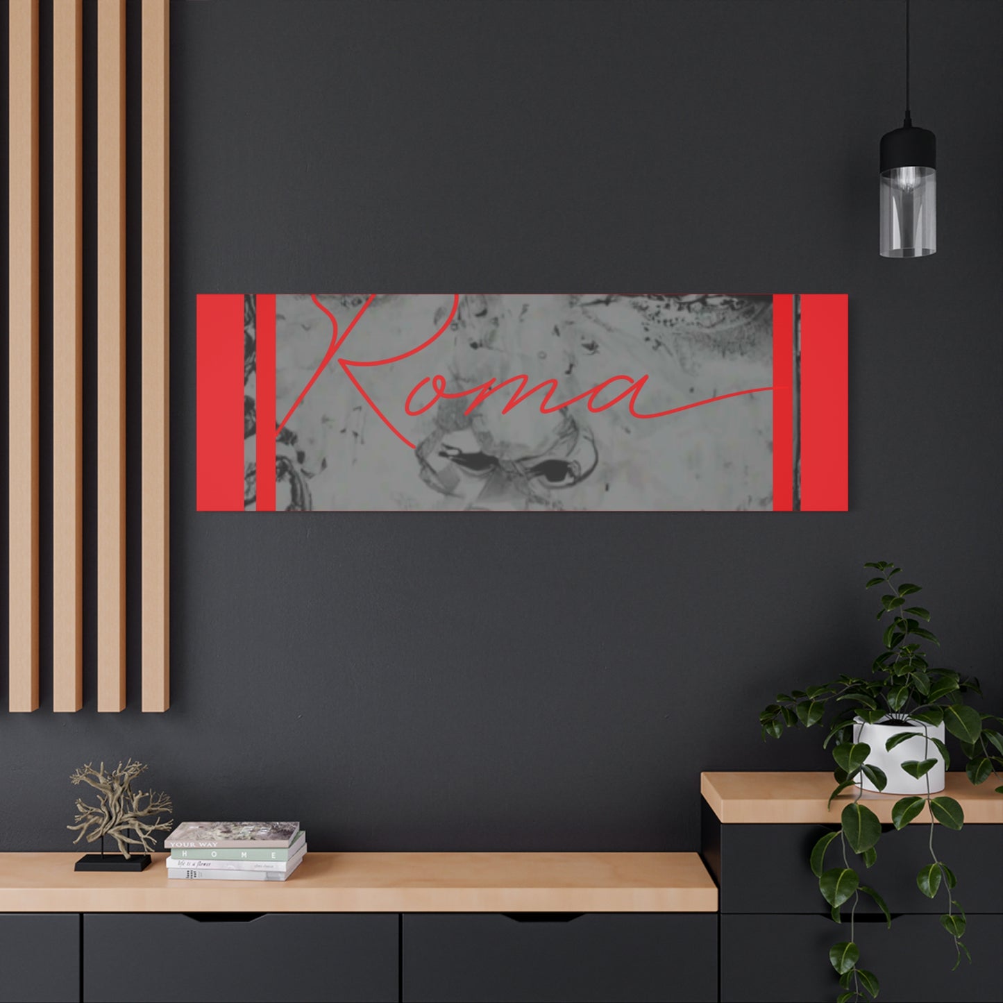 Emotive portrait on canvas with a teardrop-eyed girl and bold vertical ‘ROMA’ text.