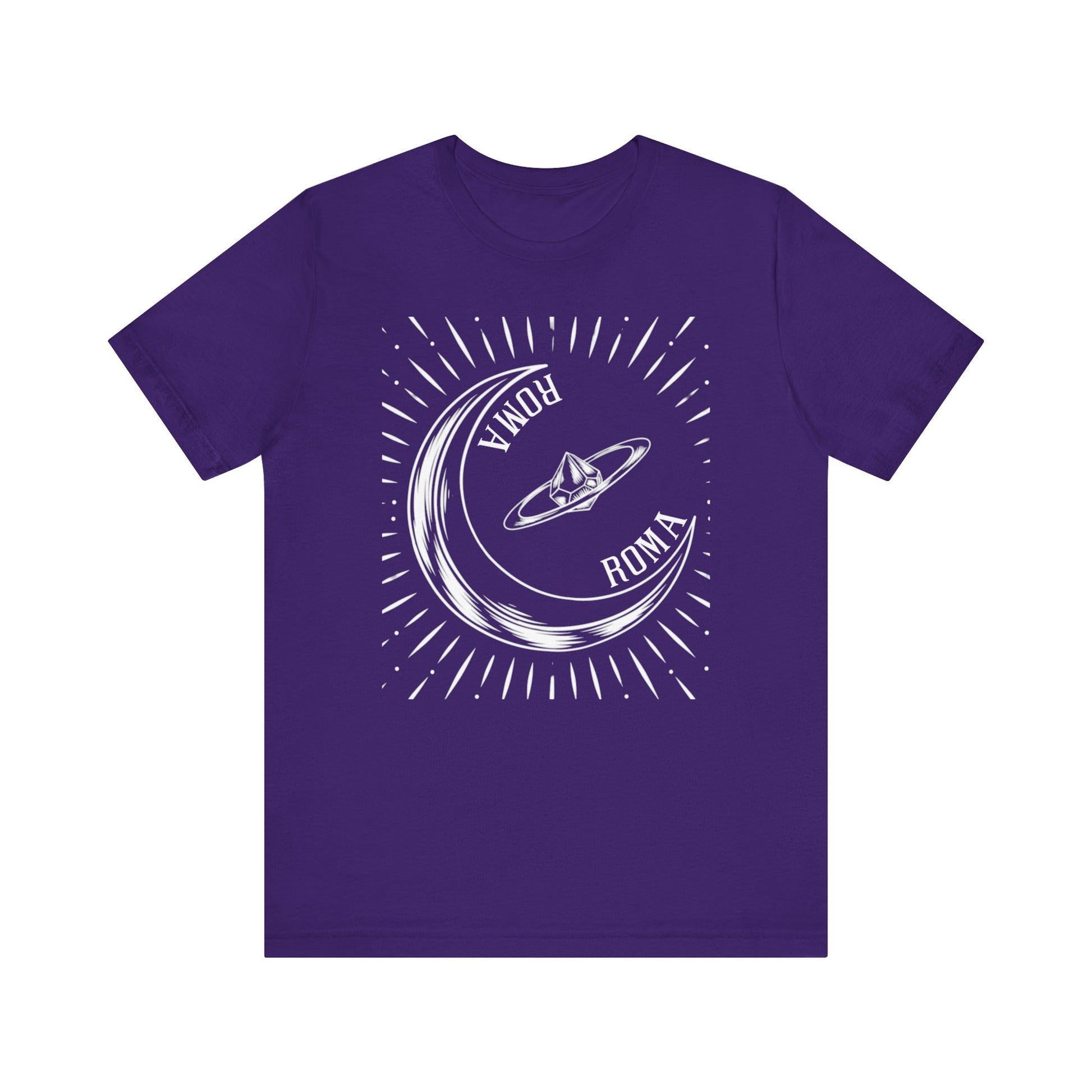 Creative t-shirt design with a dreamy lunar arc and modern block letters spelling ROMA downward.