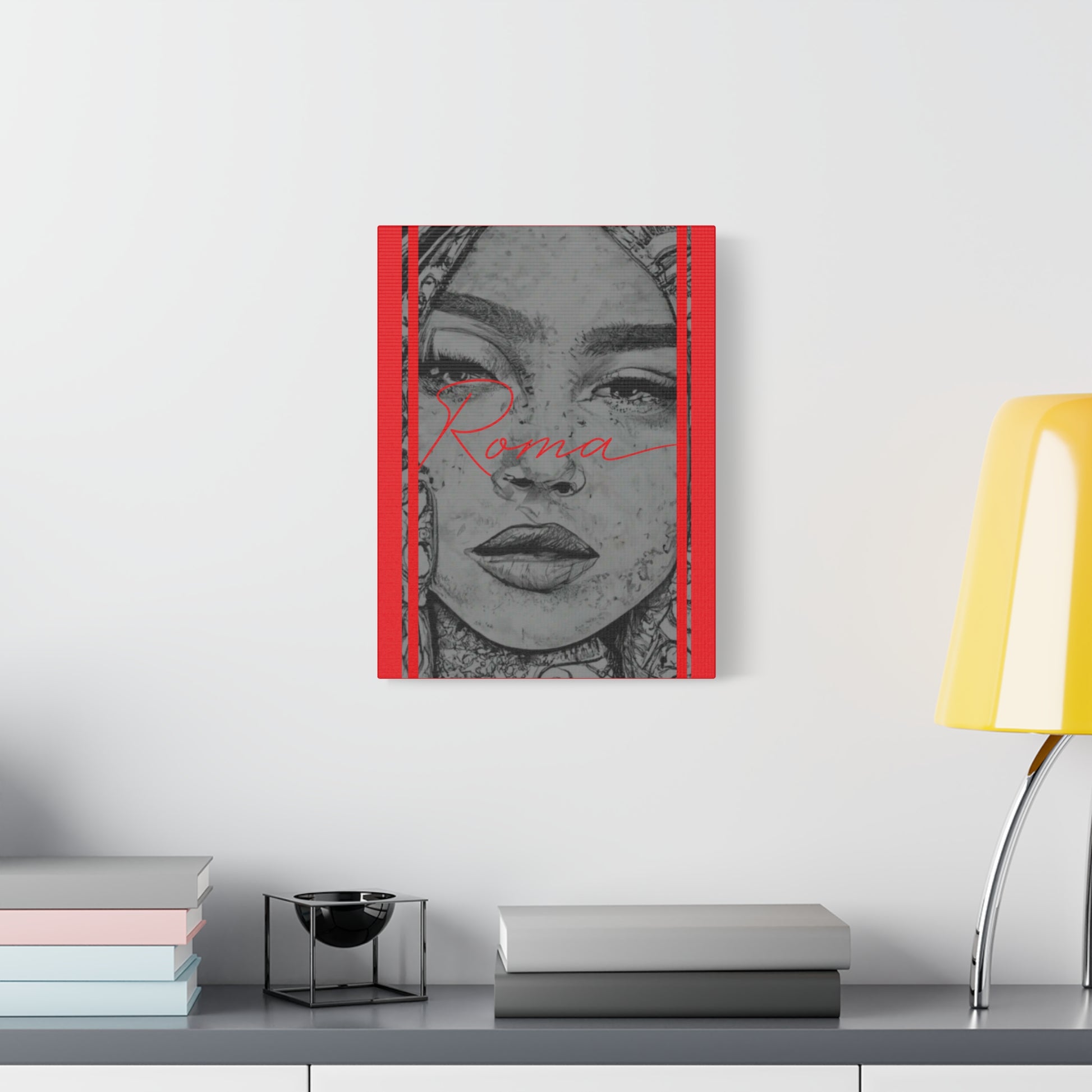 Delicate close-up canvas of a young girl's face, her sorrow softly captured, with the word ROMA echoing her story.