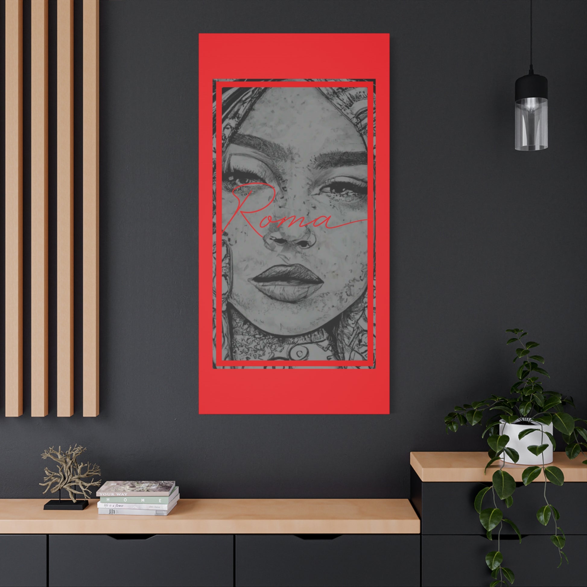 Emotive canvas featuring a sorrowful gaze of a girl with soft tears and powerful ROMA lettering.