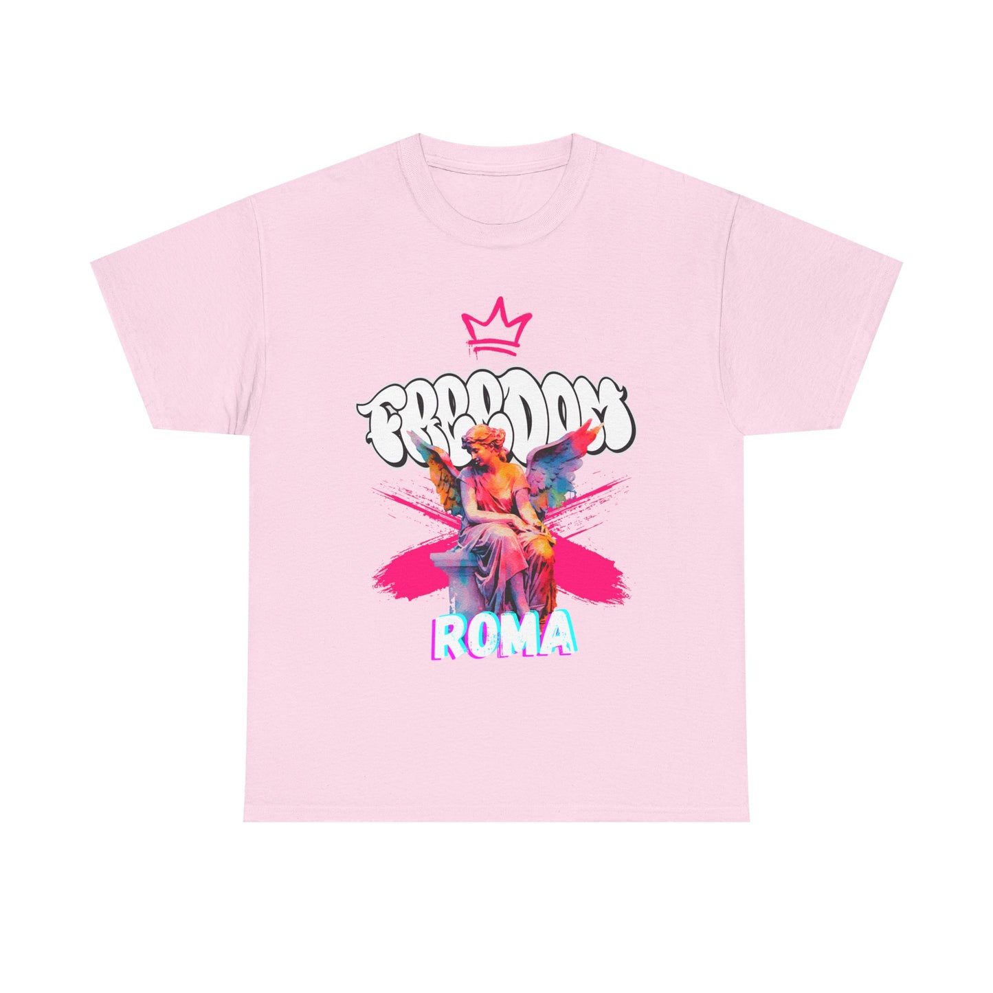 "Light pink T-shirt with white angel design and ROMA text detail for kids