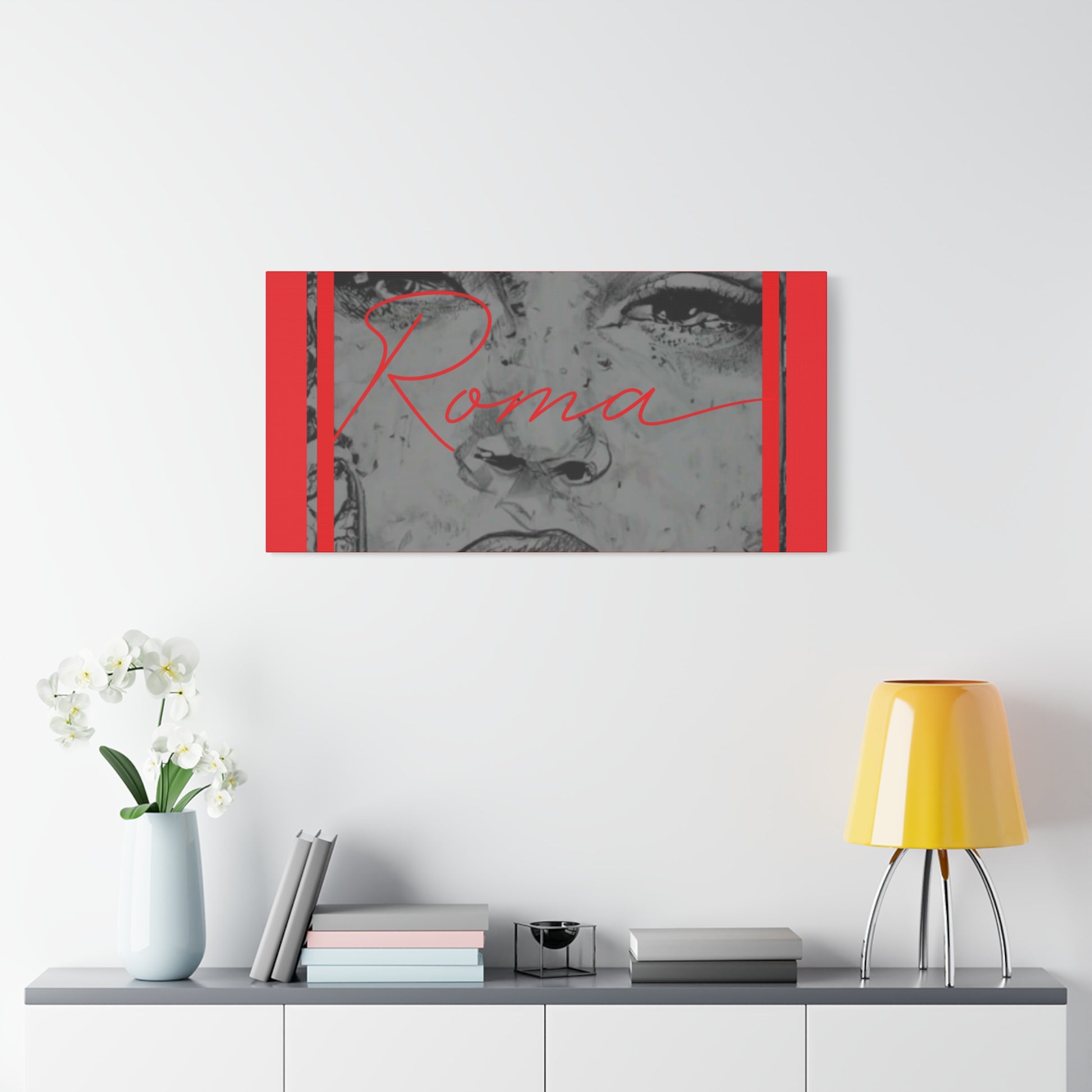A canvas print merging soft emotional depth with bold identity through a teary-eyed girl and ROMA design.