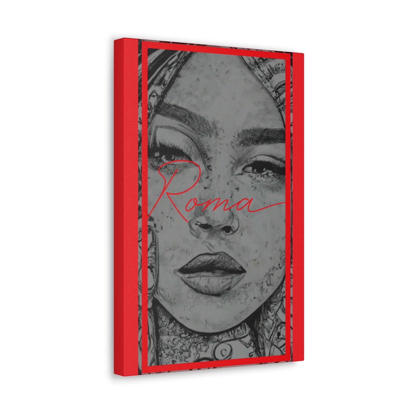 Emotive art print showing a young girl's face in partial shadow, tears forming as the word ROMA hovers beside her.