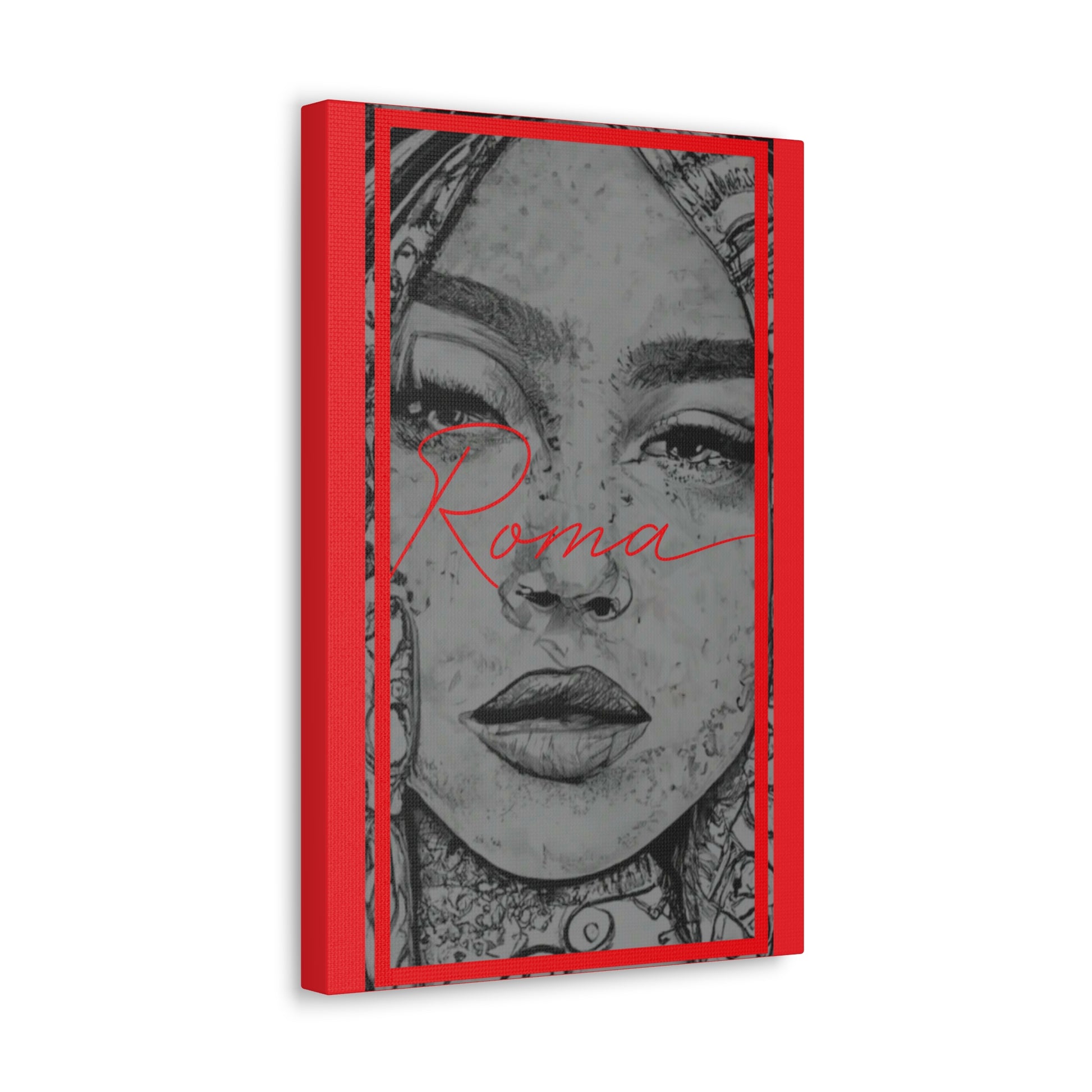 Emotive art print showing a young girl's face in partial shadow, tears forming as the word ROMA hovers beside her.