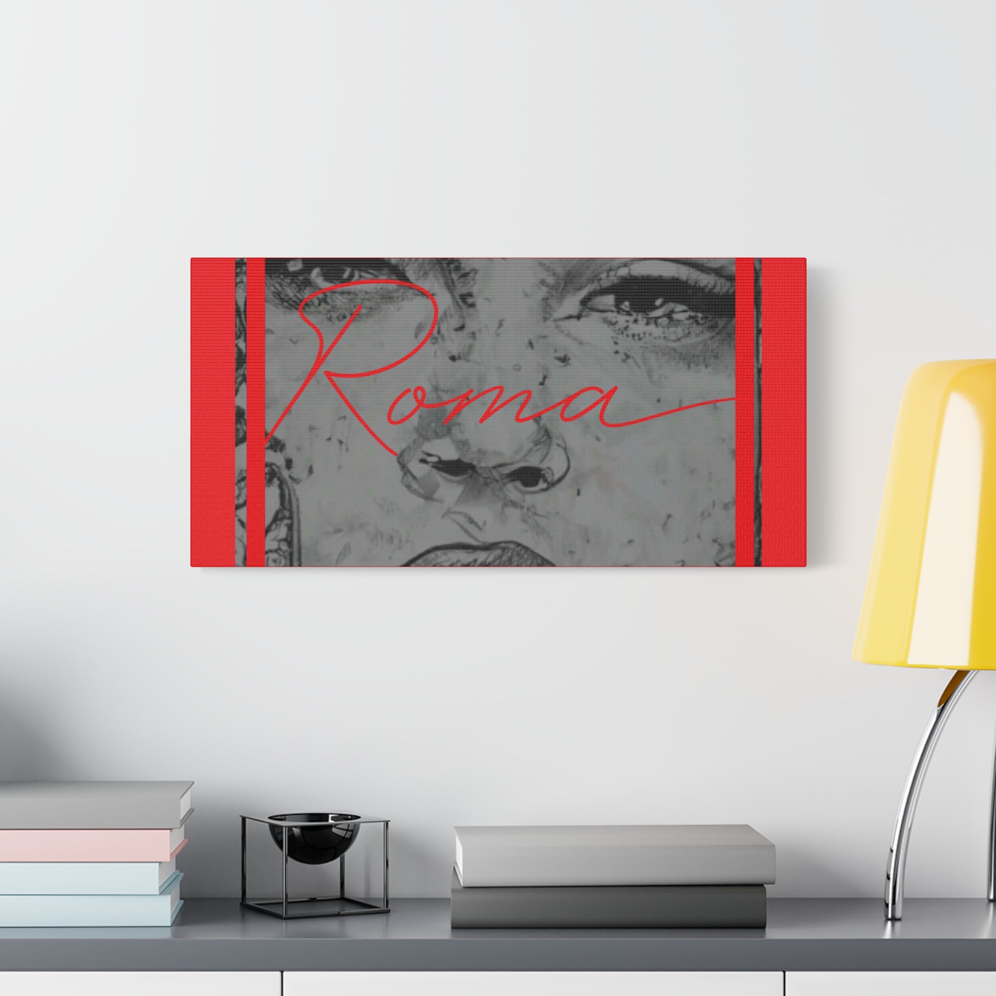 Stylized canvas of a young girl’s tearful expression, evoking strength behind the ROMA identity.