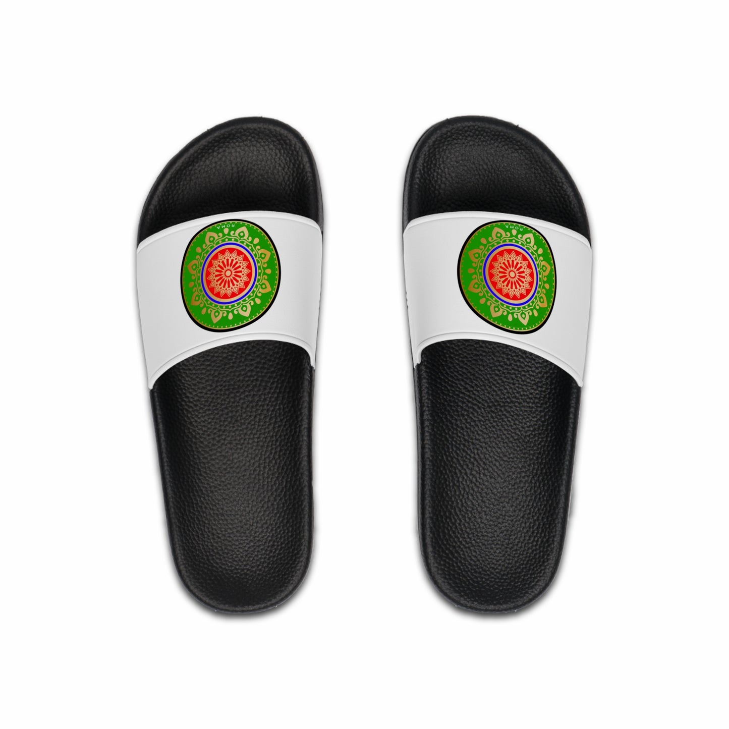 Roma-inspired slide sandal with bold green and red circle design, accented by gold and blue borders.
