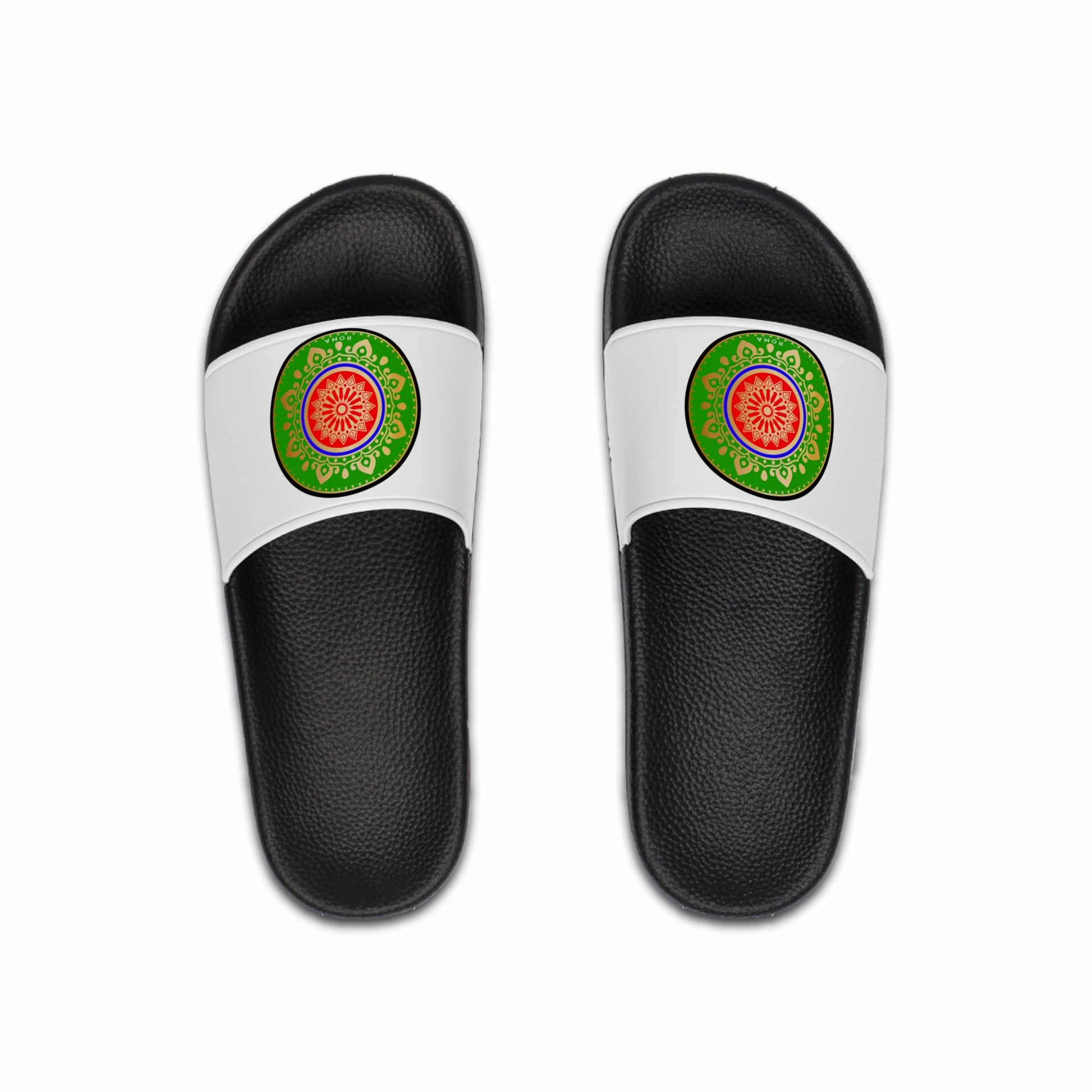Roma-inspired slide sandal with bold green and red circle design, accented by gold and blue borders.
