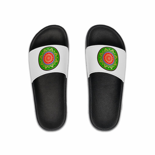 Roma-inspired slide sandal with bold green and red circle design, accented by gold and blue borders.
