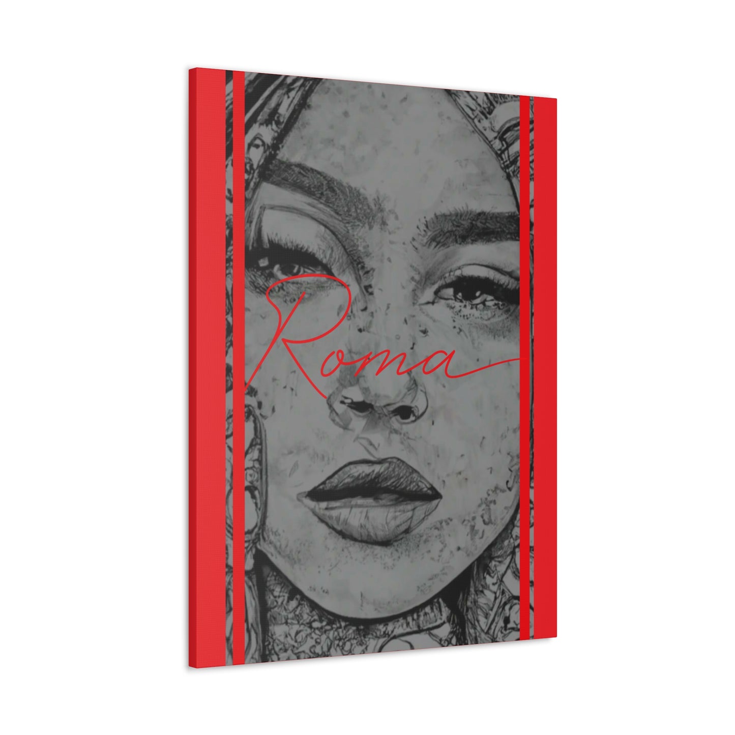 Decorative canvas highlighting a girl’s delicate features and glossy eyes, contrasted by strong ROMA text.