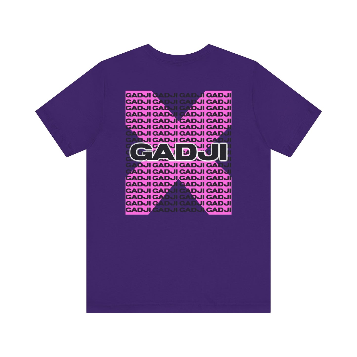 Bright red tee featuring GADJI text in an elegant Roma style with subtle shadowing.