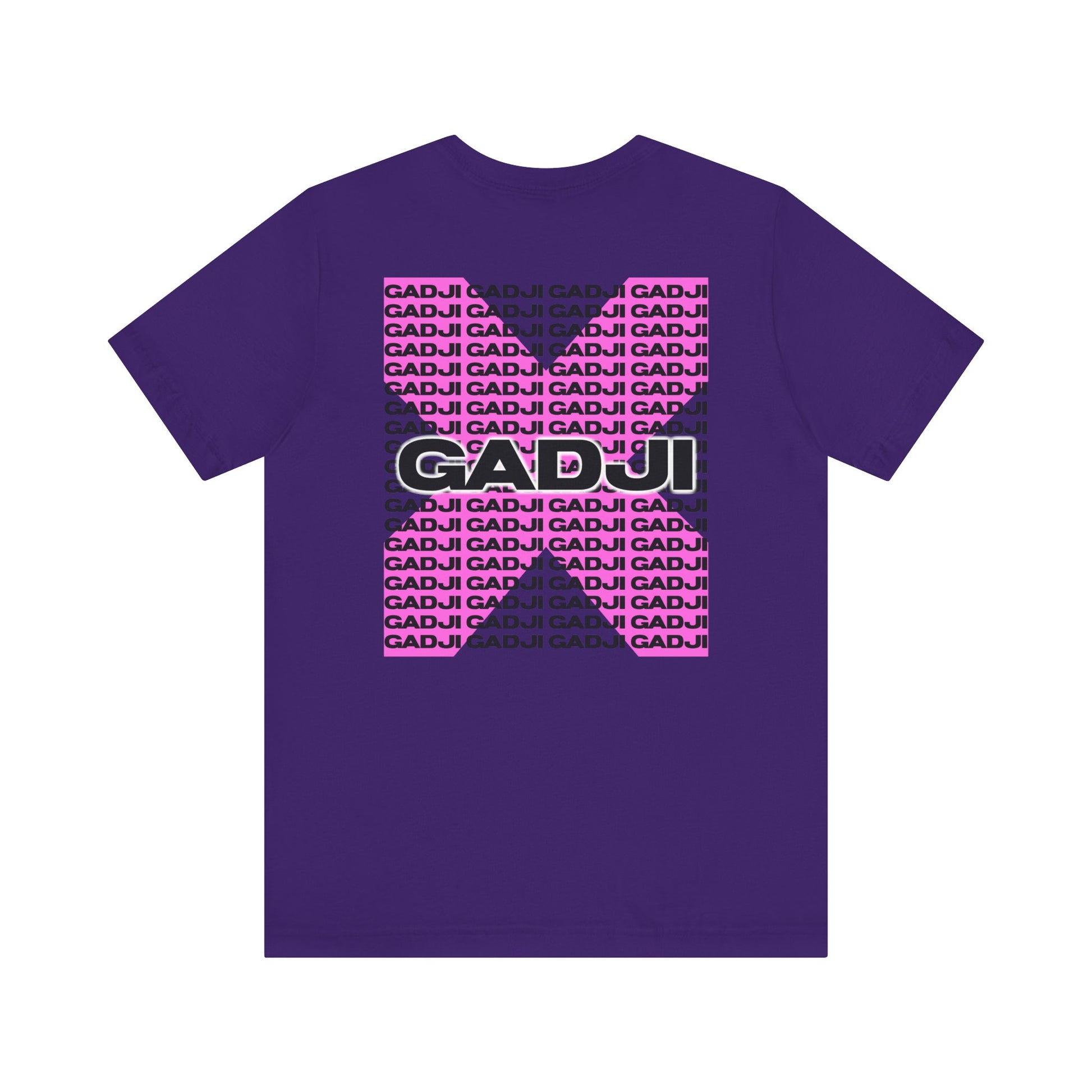 Bright red tee featuring GADJI text in an elegant Roma style with subtle shadowing.