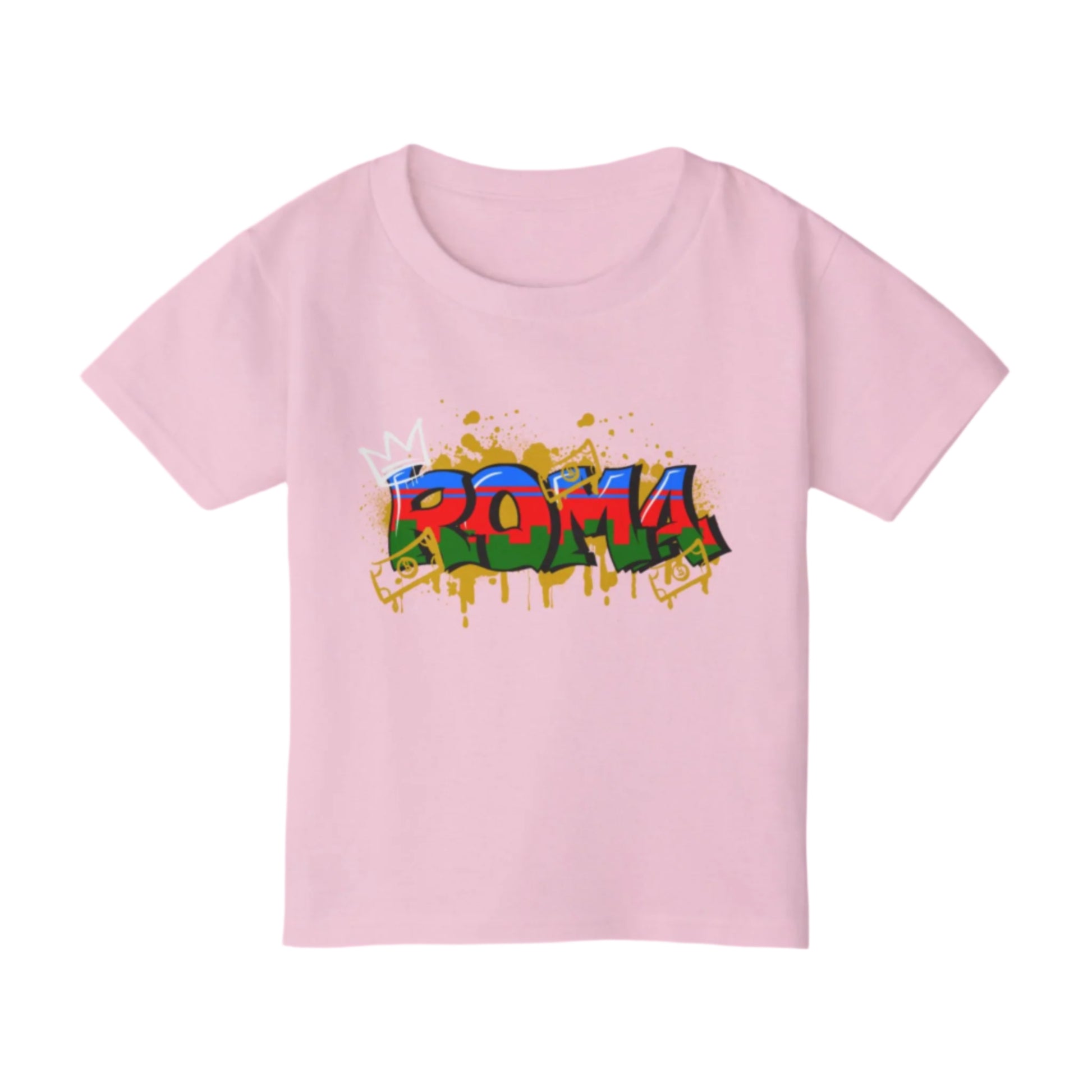 Pink t-shirt with colorful 'ROMA' graphic design on a white background