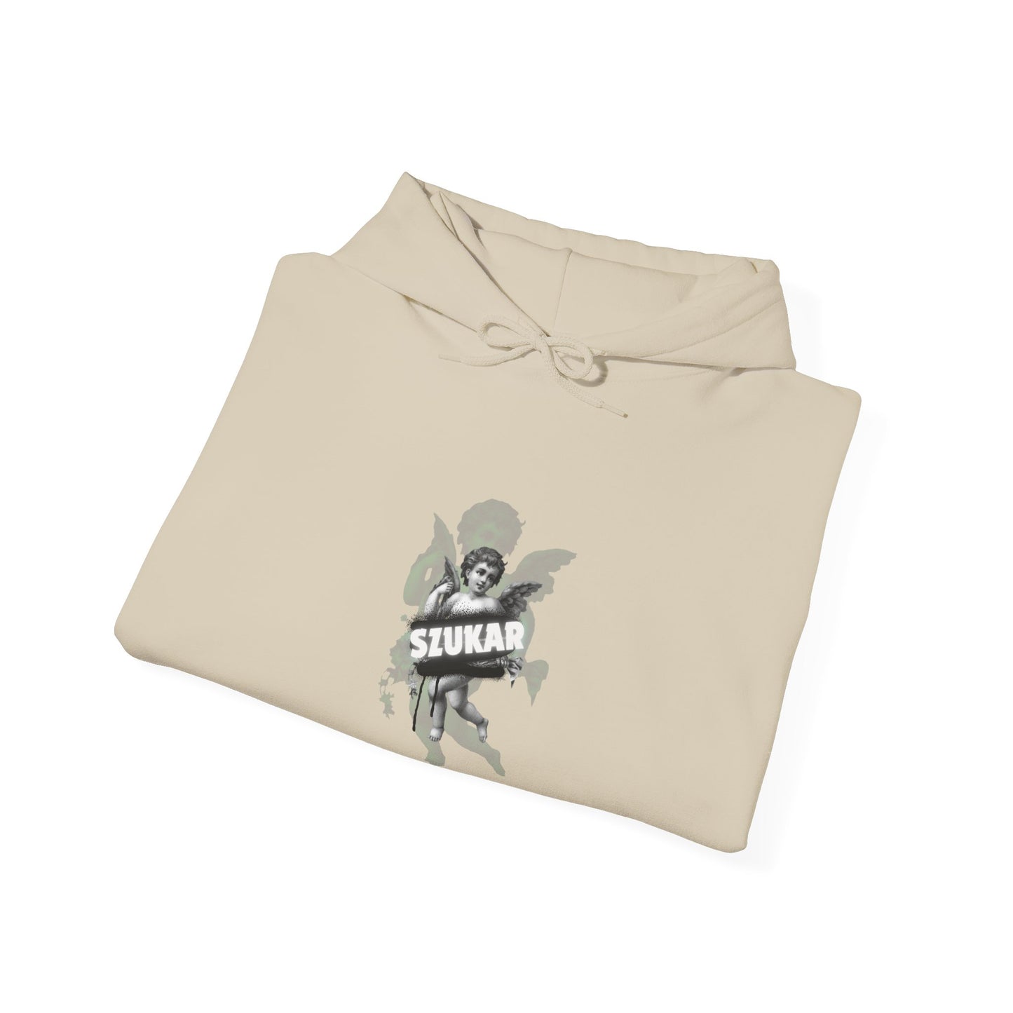 Hoodie with hand-drawn angel art in the center and bold block letters spelling ‘SZUKAR.