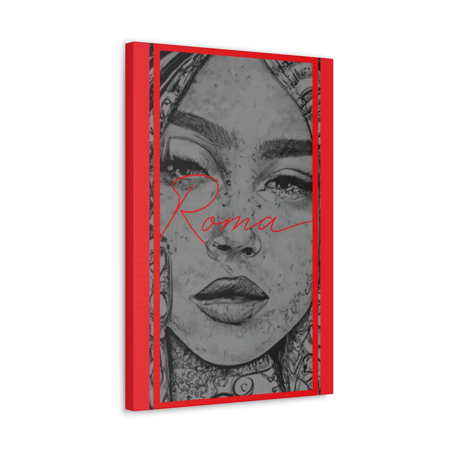 Expressive canvas artwork of a girl's face mid-thought, slight tears visible, with the word ROMA artistically integrated.