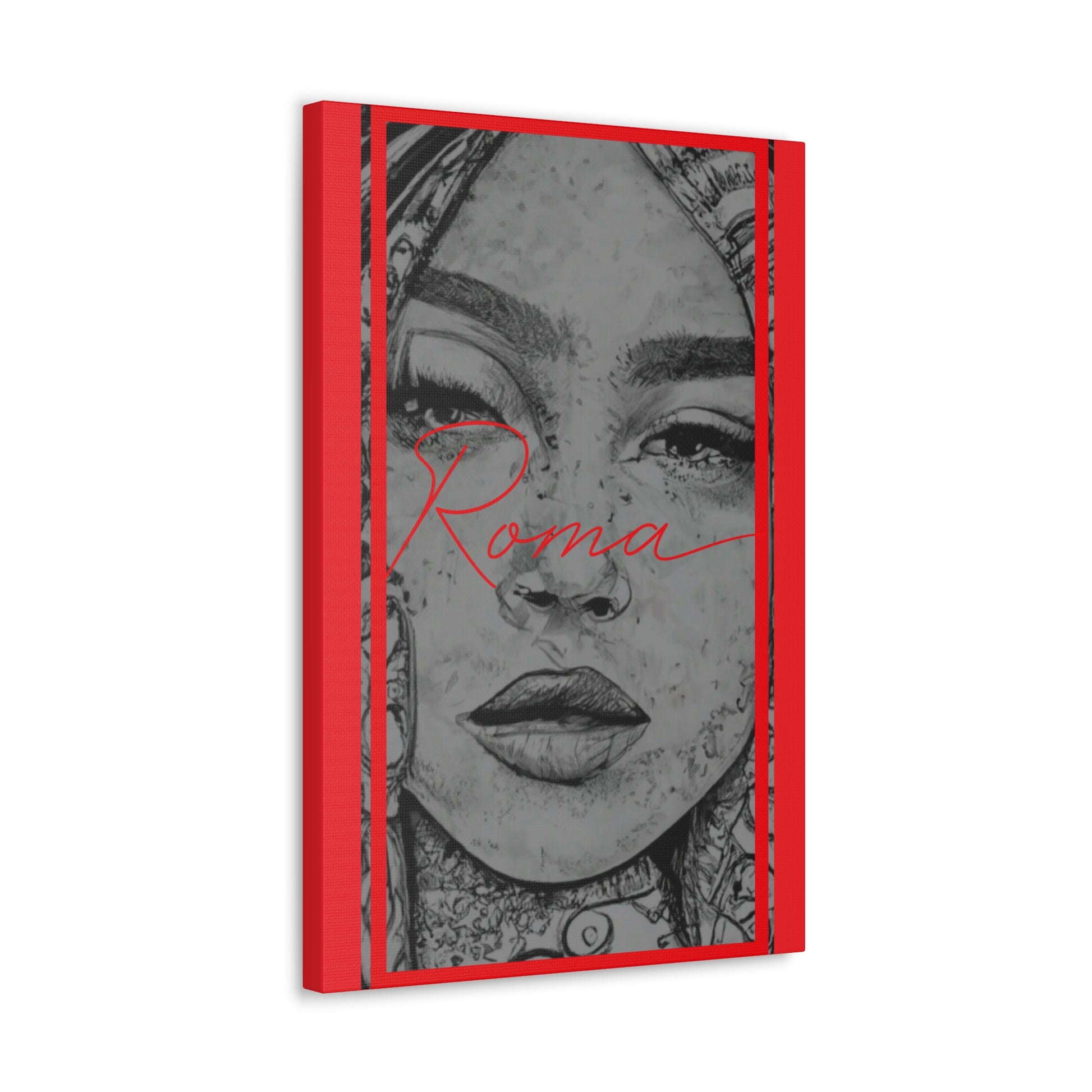 Expressive canvas artwork of a girl's face mid-thought, slight tears visible, with the word ROMA artistically integrated.