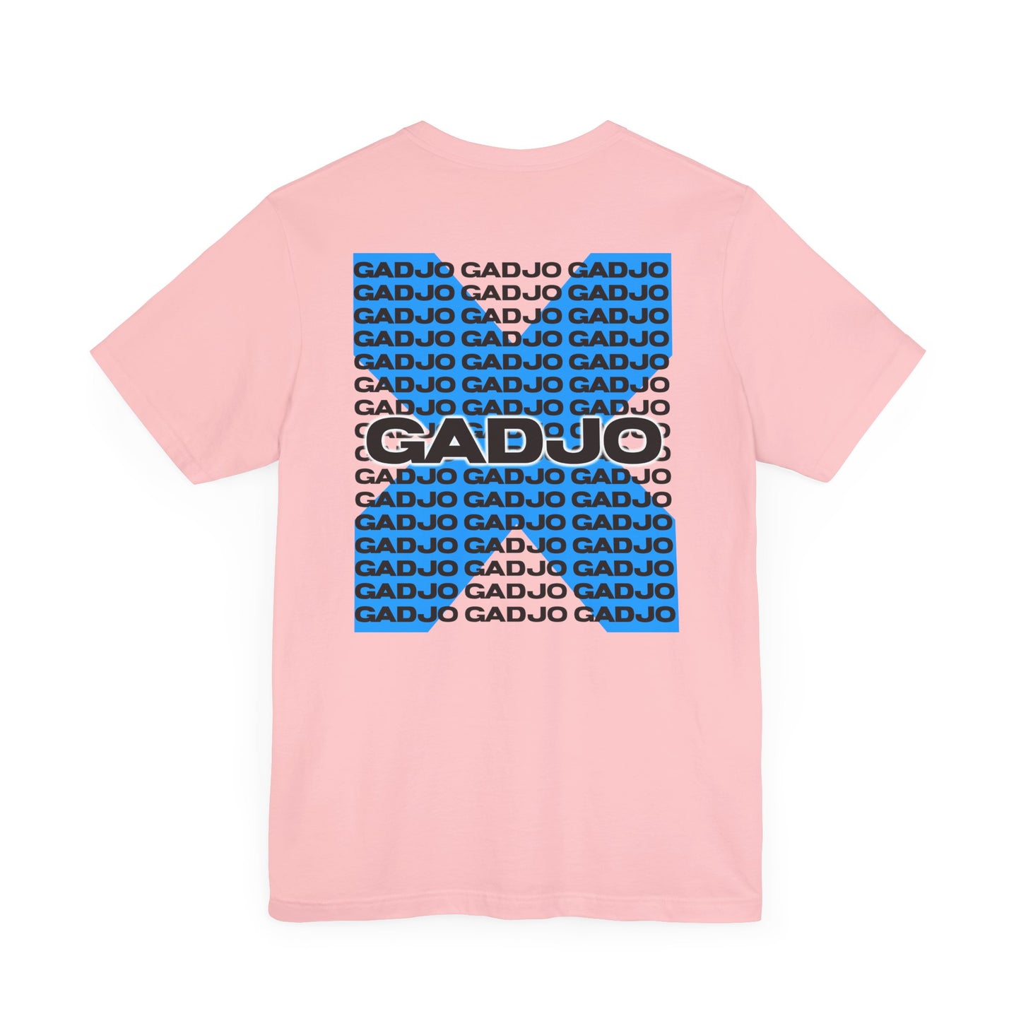 Modern short sleeve shirt with holographic GADJO text reflecting light in gradient shades.