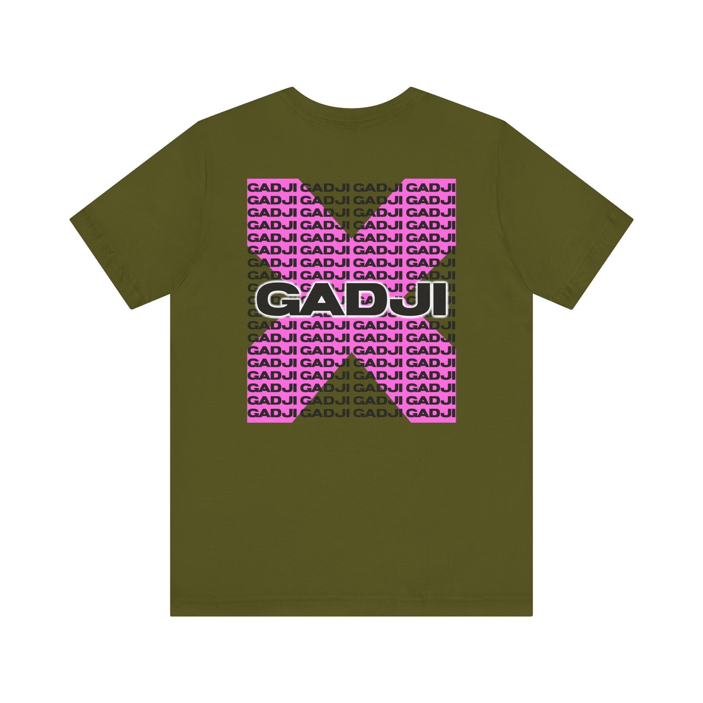 Short sleeve t-shirt with GADJI text featuring Roman-inspired bold capitals and intricate laurel leaf patterns.