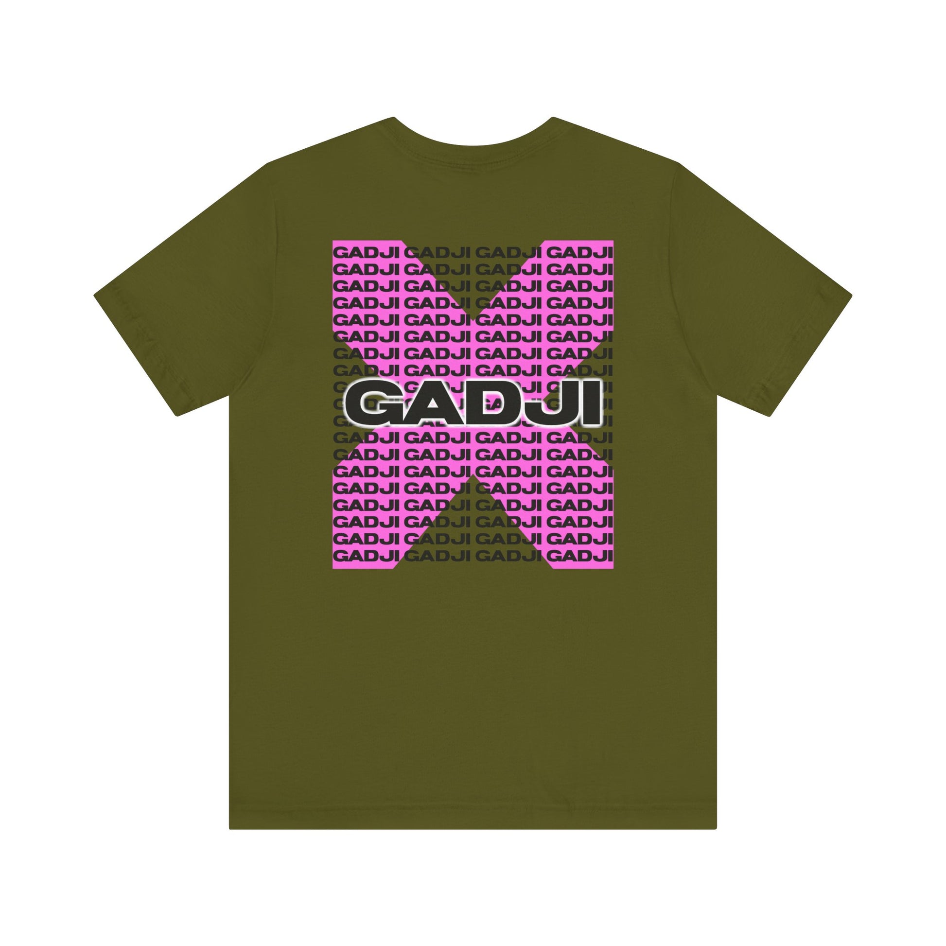 Short sleeve t-shirt with GADJI text featuring Roman-inspired bold capitals and intricate laurel leaf patterns.