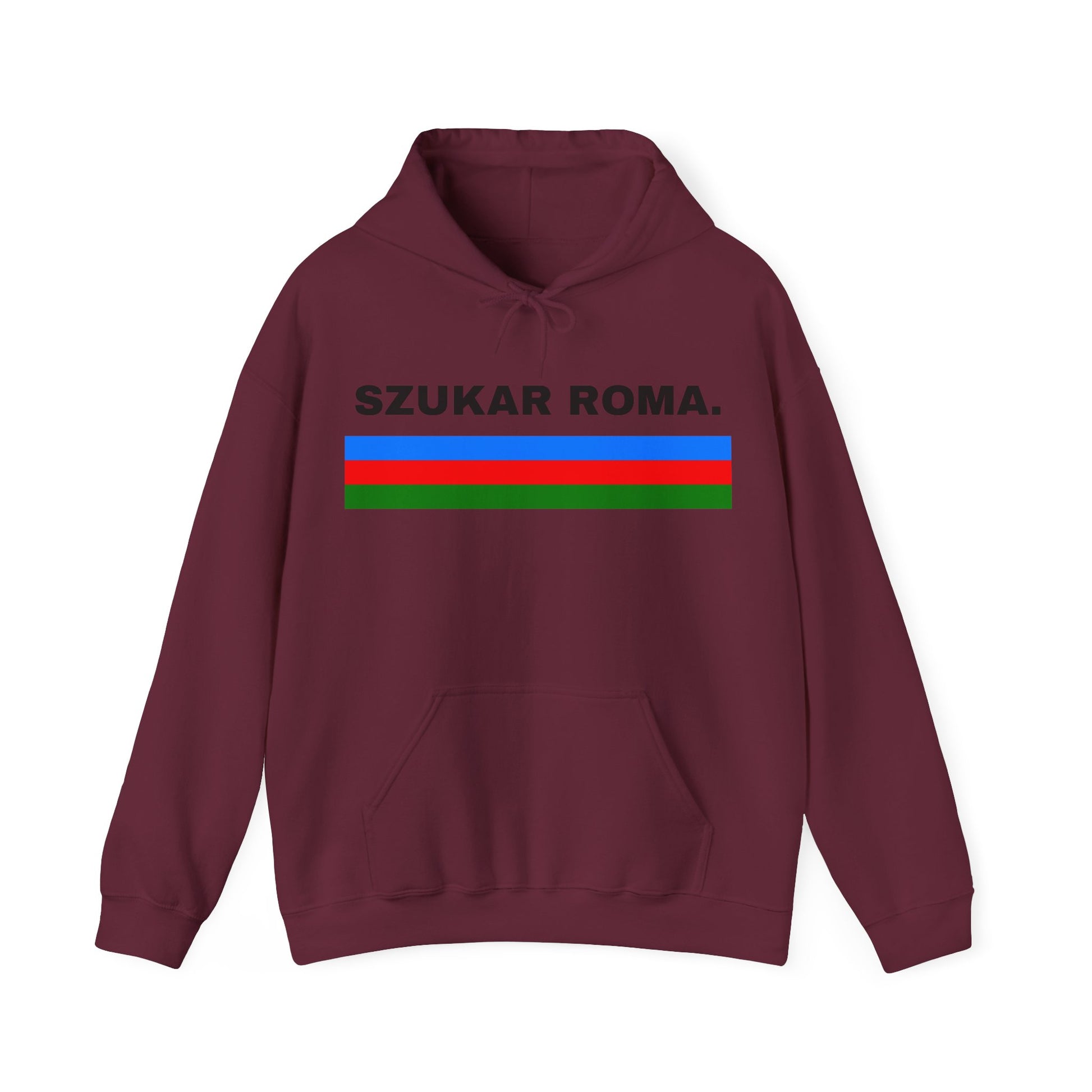 Bold hoodie design incorporating Roma flag elements with large, powerful “SZUKAR ROMA” text on the front panel.