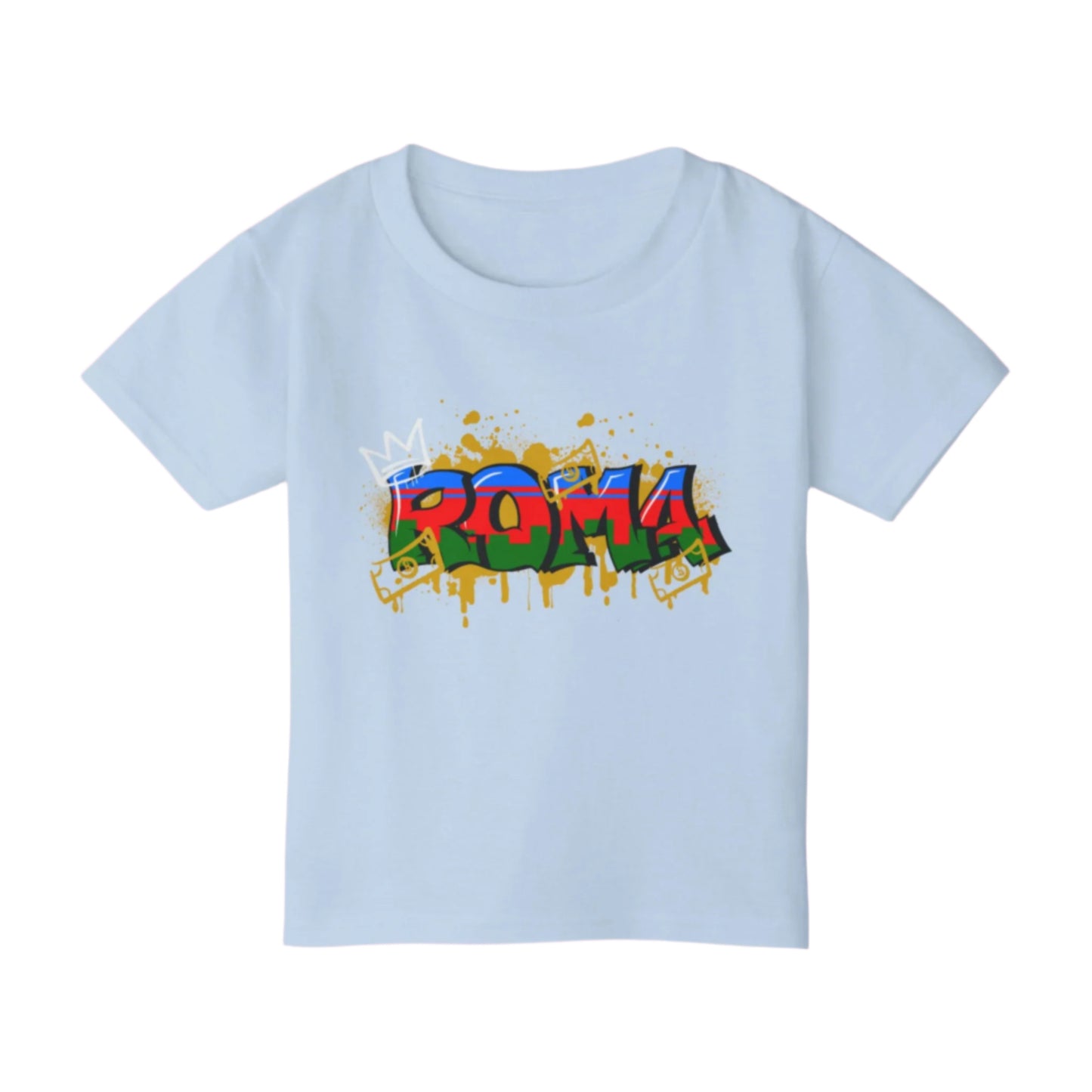 Front of lightblue  tee showcasing angel artwork and stylish ROMA lettering