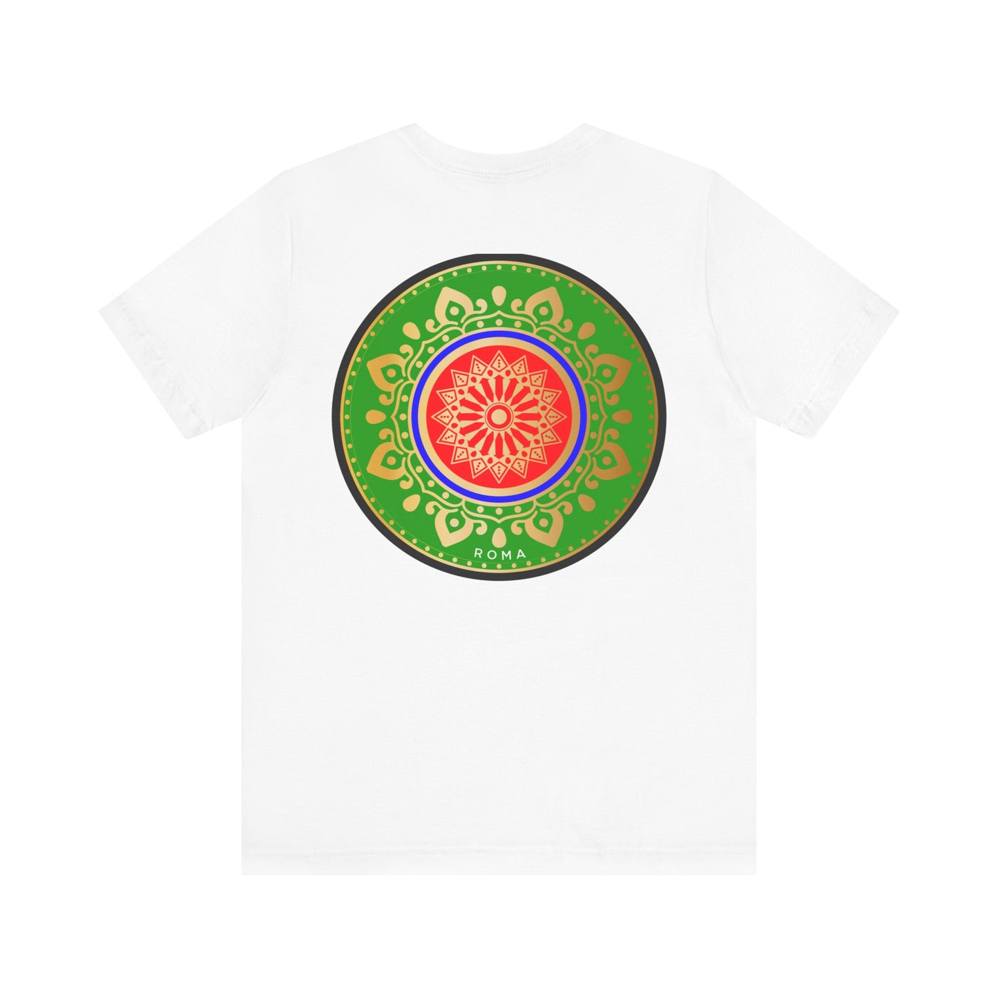 Streetwear tee with central Roma crest enclosed in green and gold circular print.