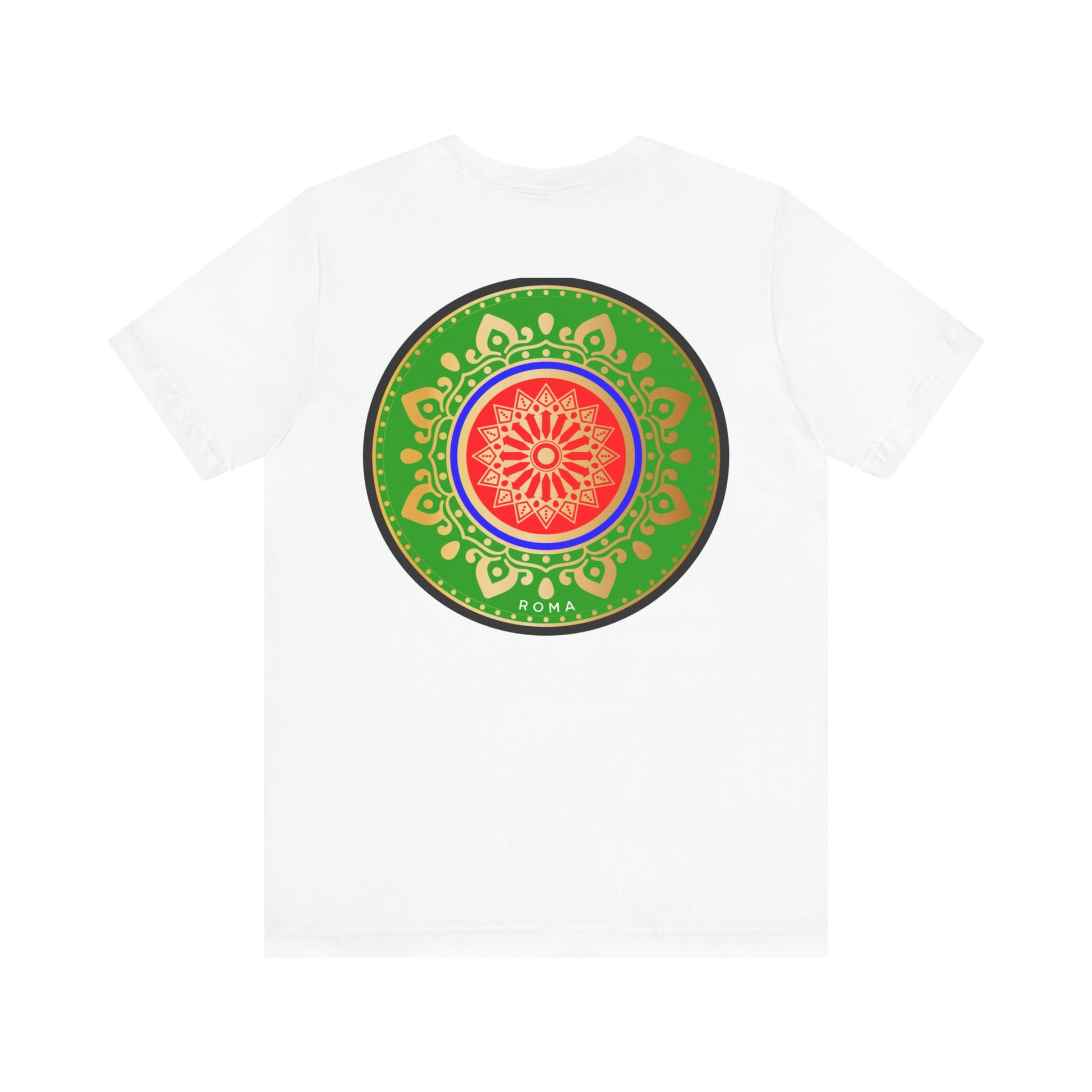Streetwear tee with central Roma crest enclosed in green and gold circular print.