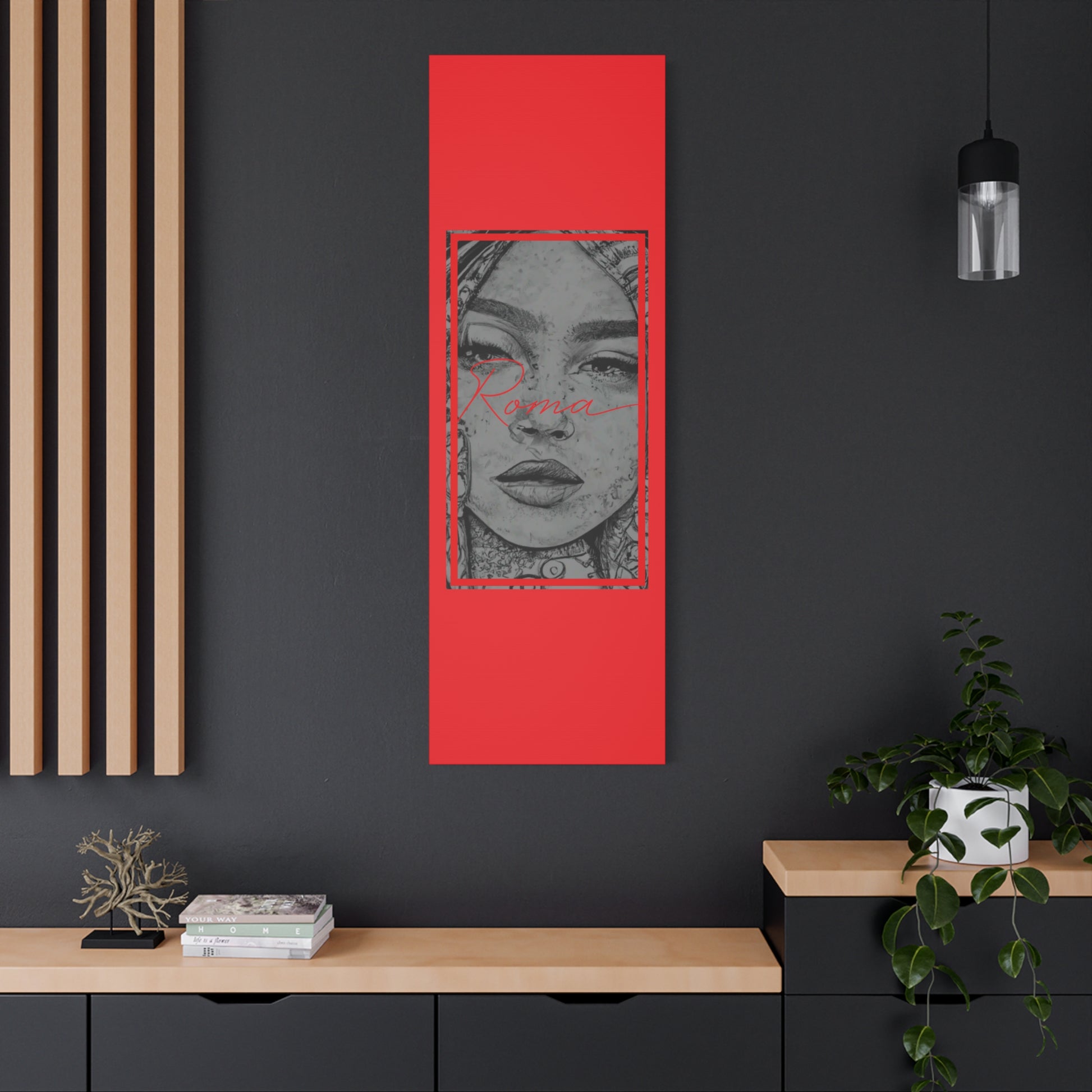 Moody wall art of a close-up girl’s face with visible tears and the word ROMA subtly incorporated.