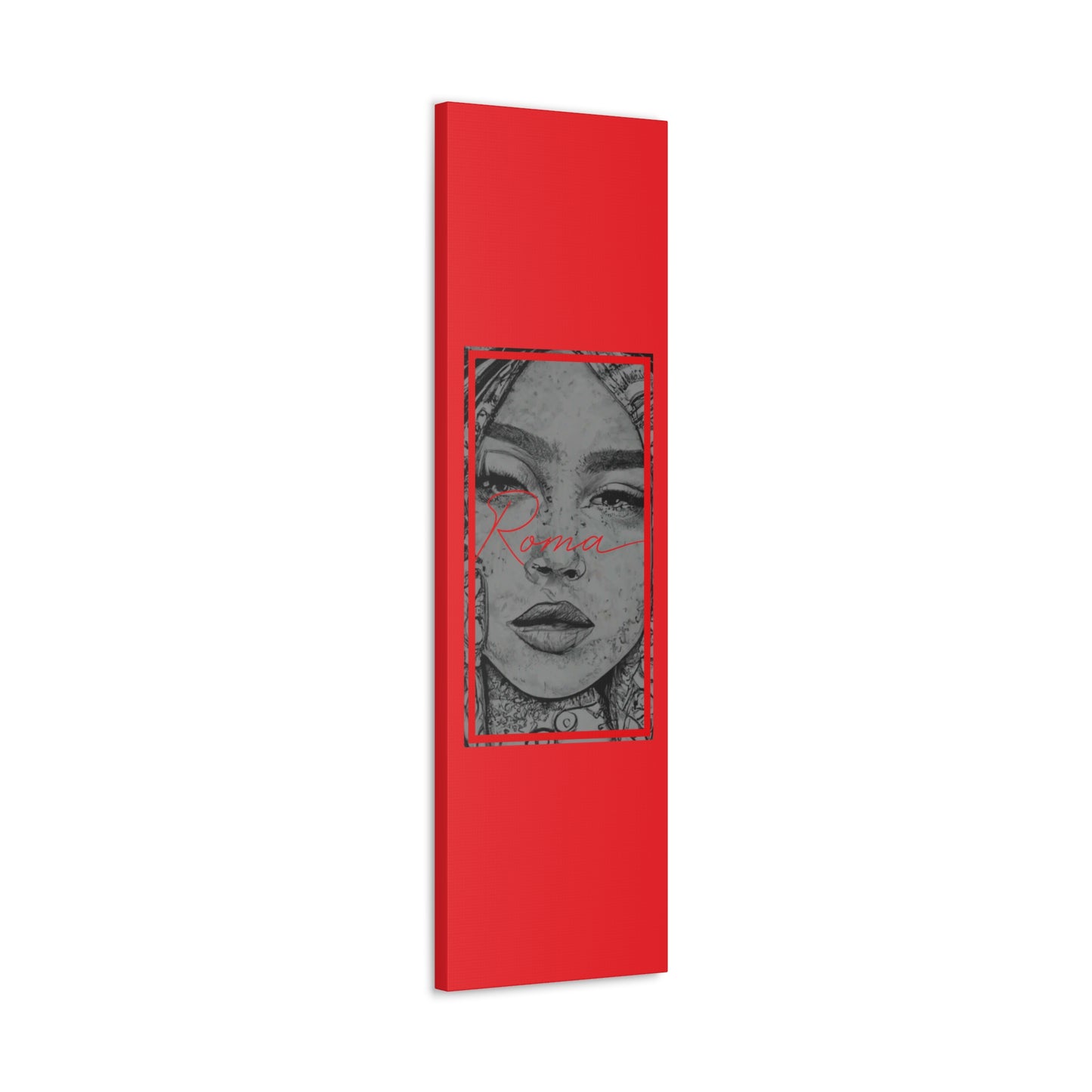 Artistic canvas featuring a girl’s intimate portrait, eyes glistening with tears, set against a stark ROMA text design.
