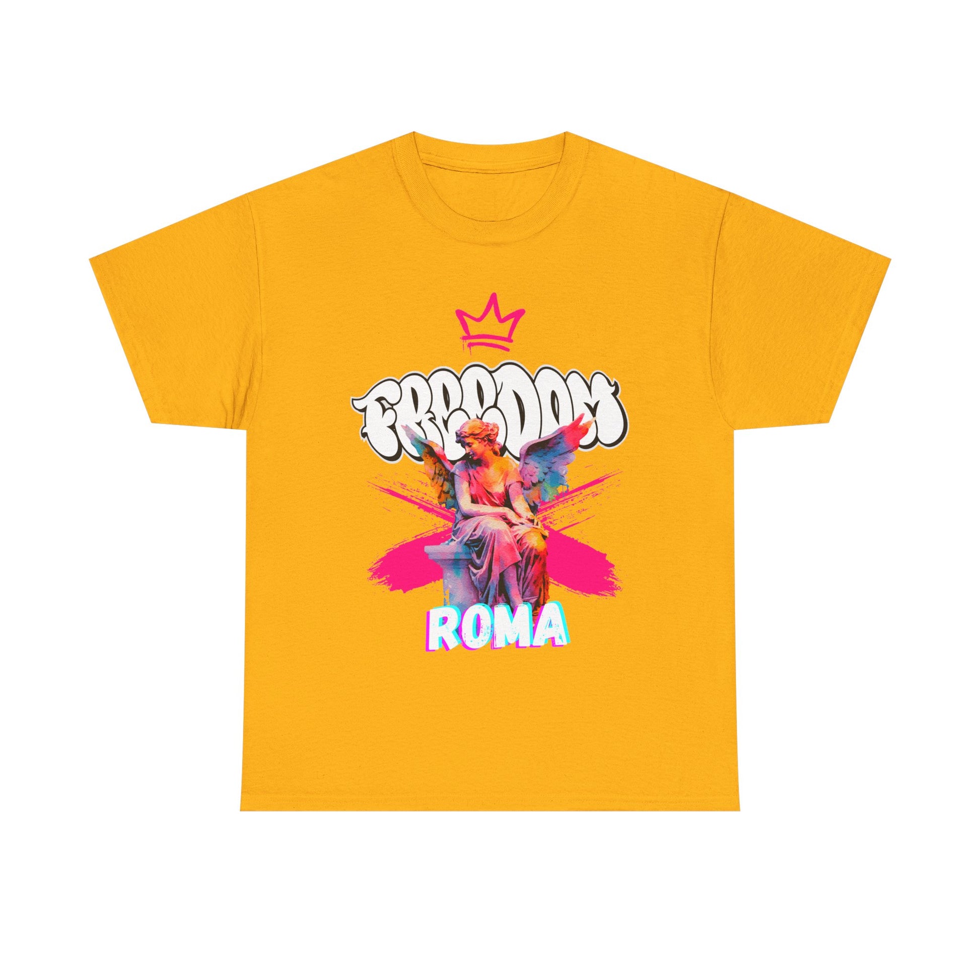 Streetwear yellow shirt with large angel icon and ROMA typeface