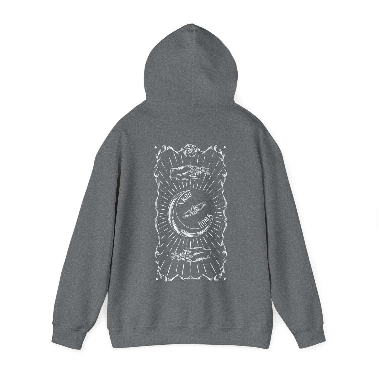 pullover gray  hoodie with sketch and half moon signature text