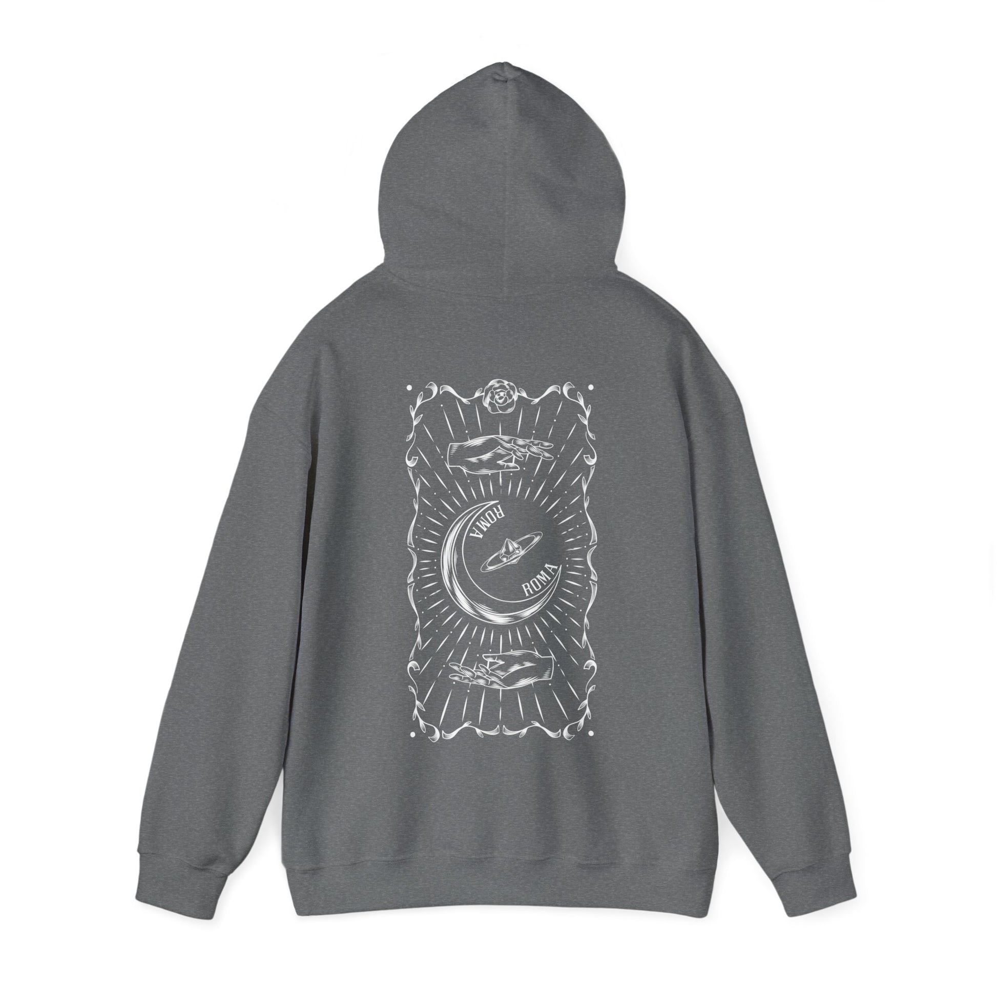 pullover gray  hoodie with sketch and half moon signature text