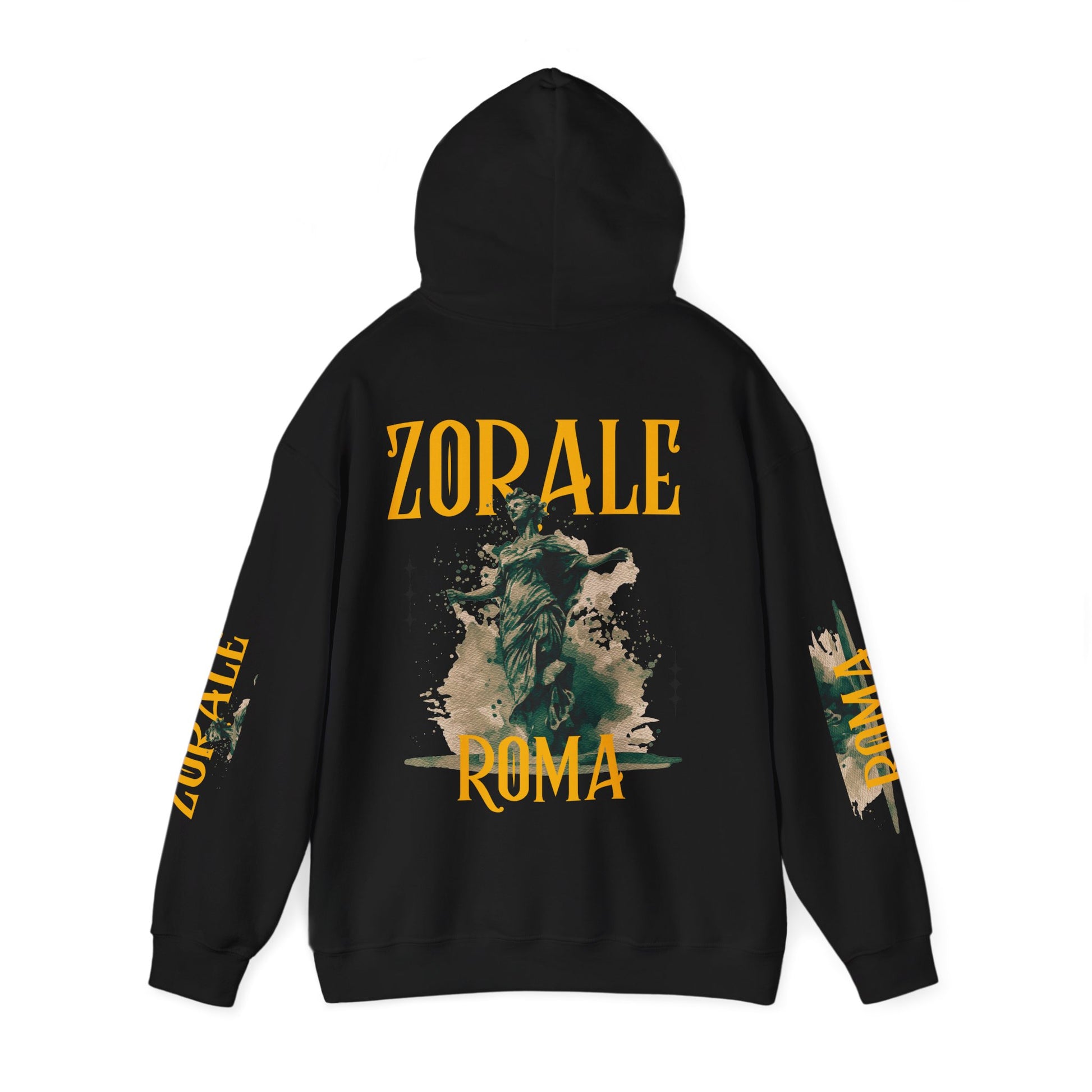 Black hoodie with 'Zorale Roma' text and graphics on a white background