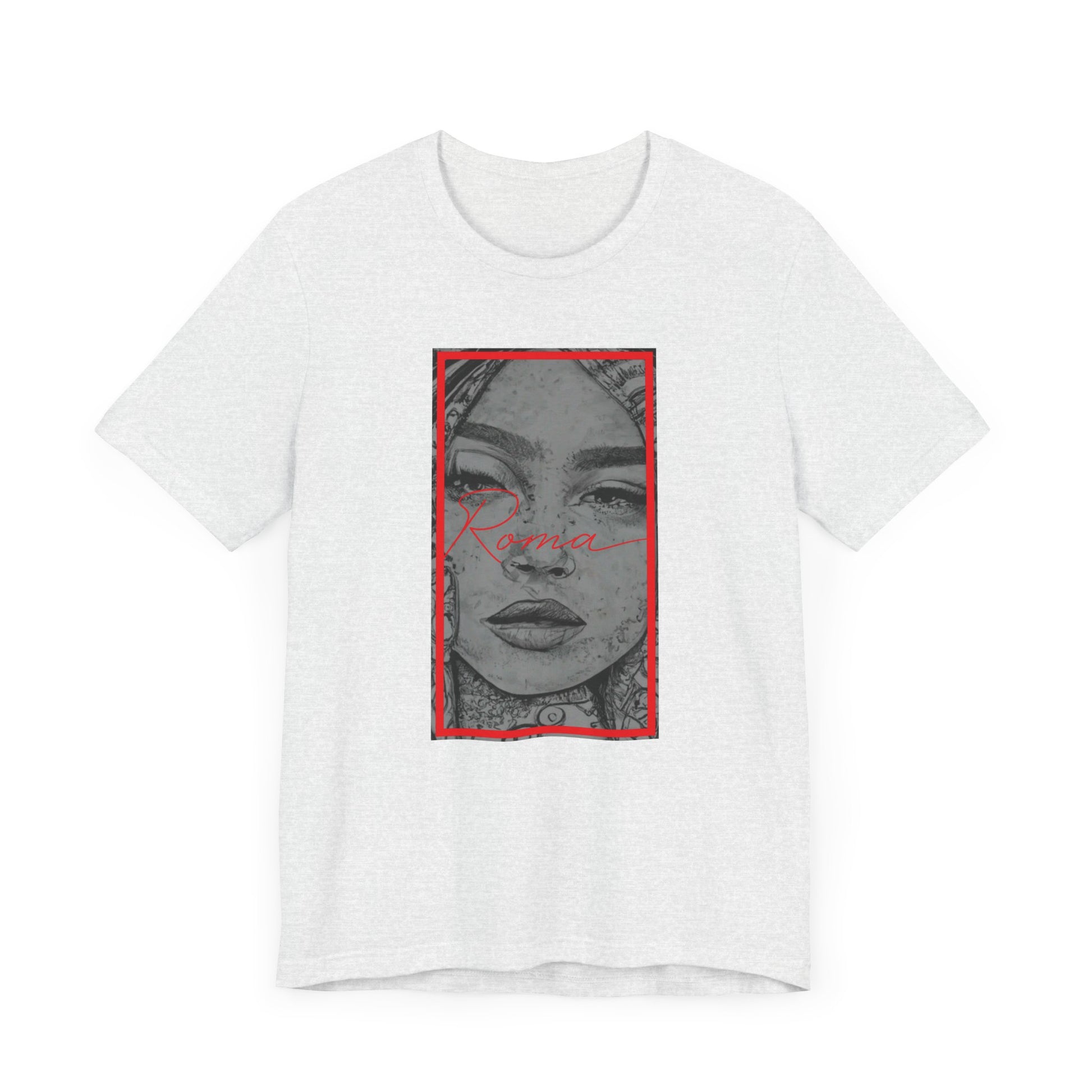 Minimalist t-shirt with small GADJO text above a thin underline and a delicate crown sketch.