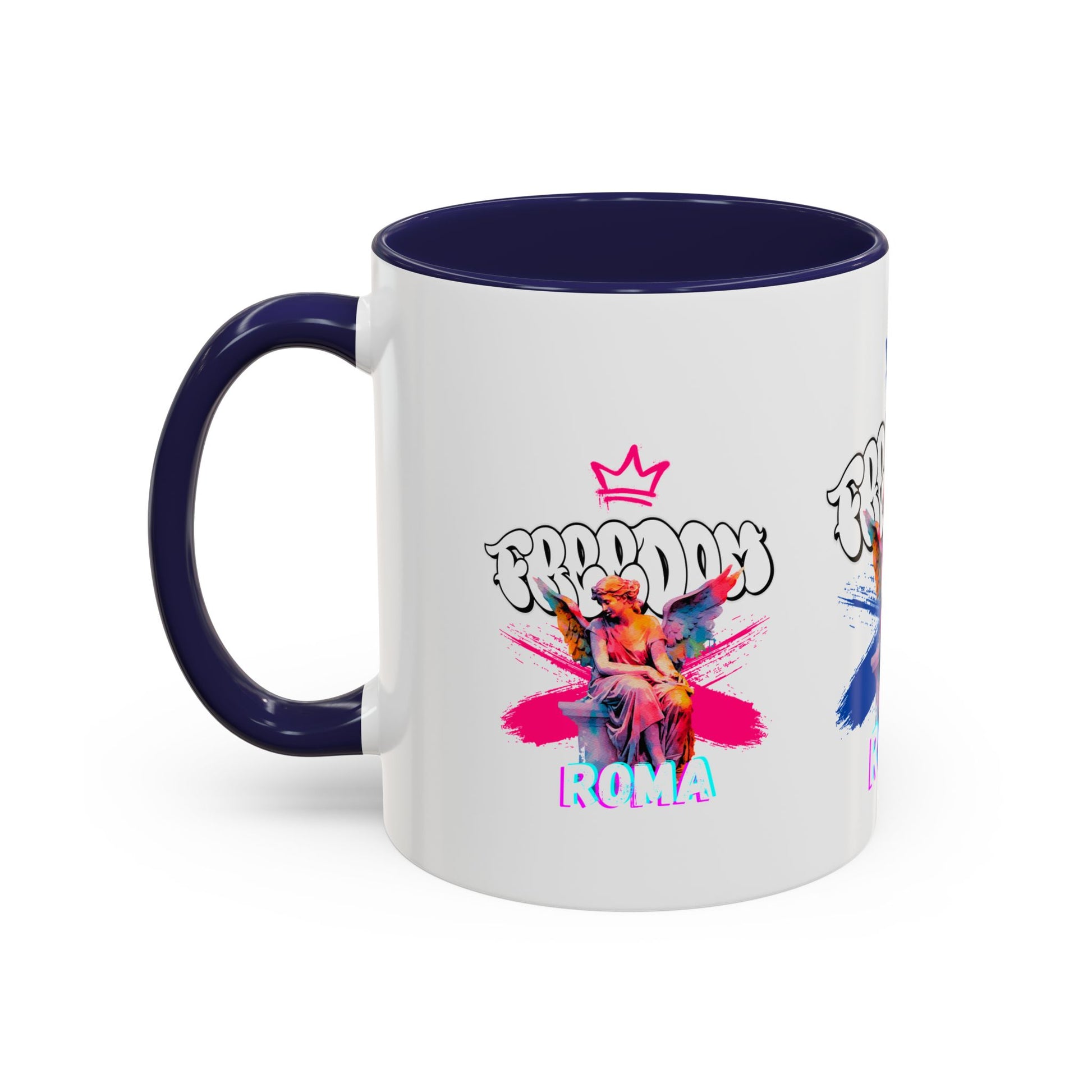 White mug highlighted with purple trim and handle, adorned with a stylized pink crowned angel and the word ROMA.