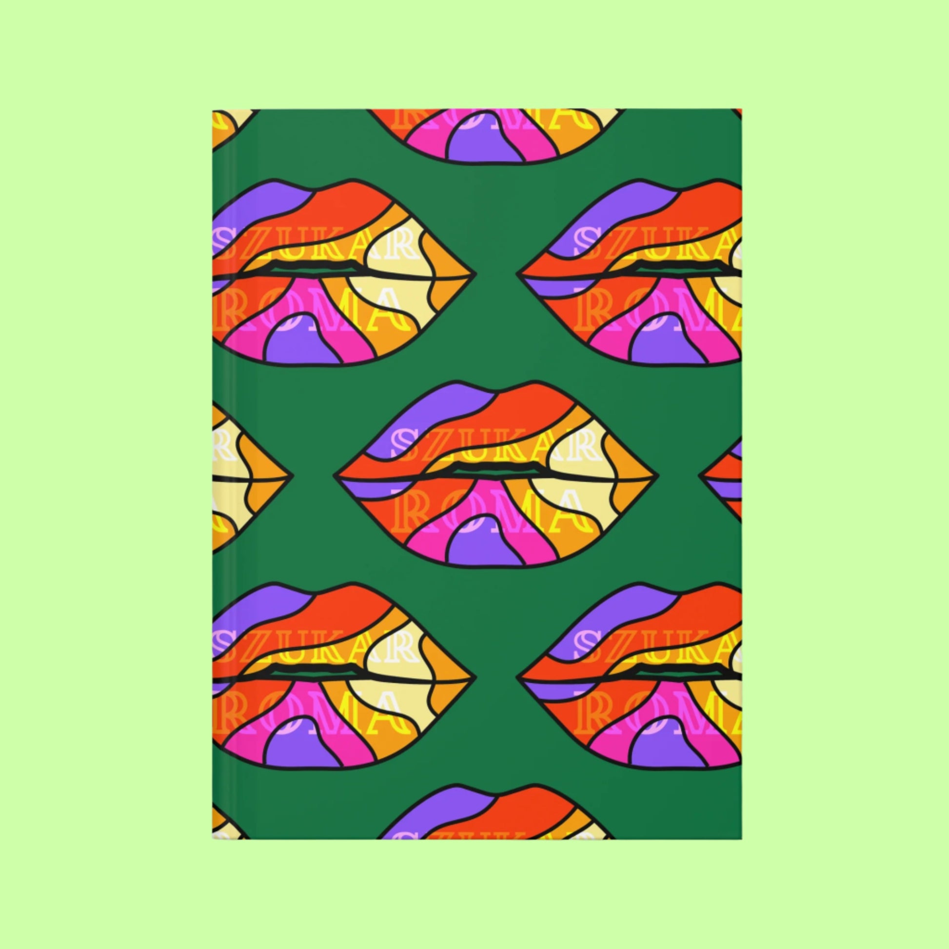 Trendy notebook with a lips illustration and ROMA text in green shade.