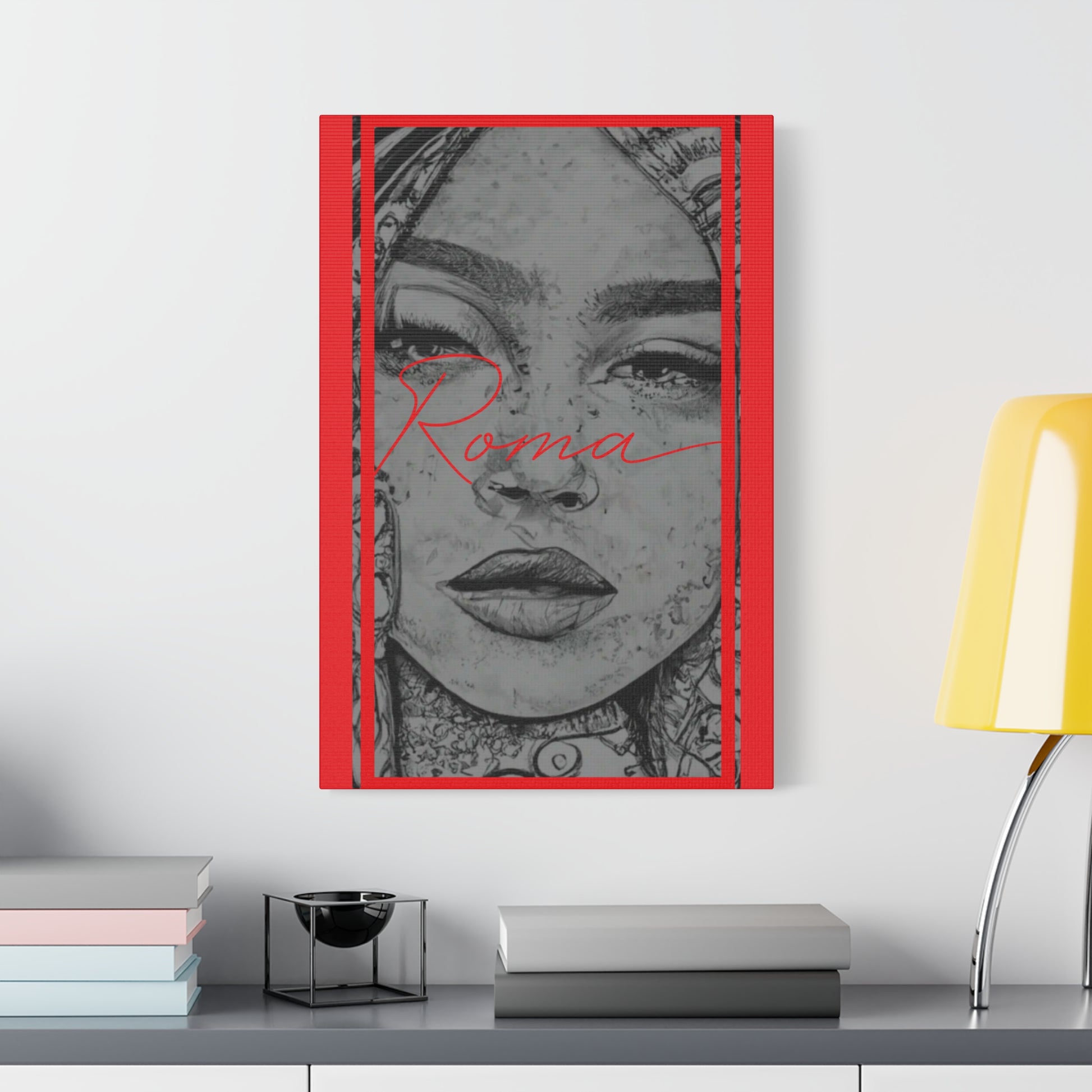 Emotional wall art showing a close-up of a young girl's face, eyes glossy with emotion, framed by elegant ROMA lettering.