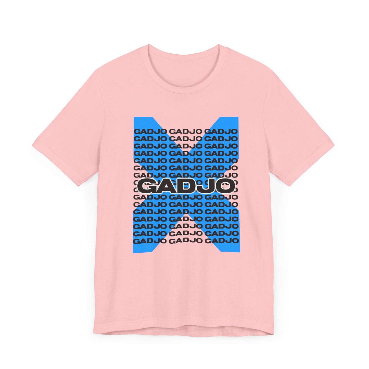 T-shirt featuring GADJO in a bold stencil font, layered over distressed grunge textures.