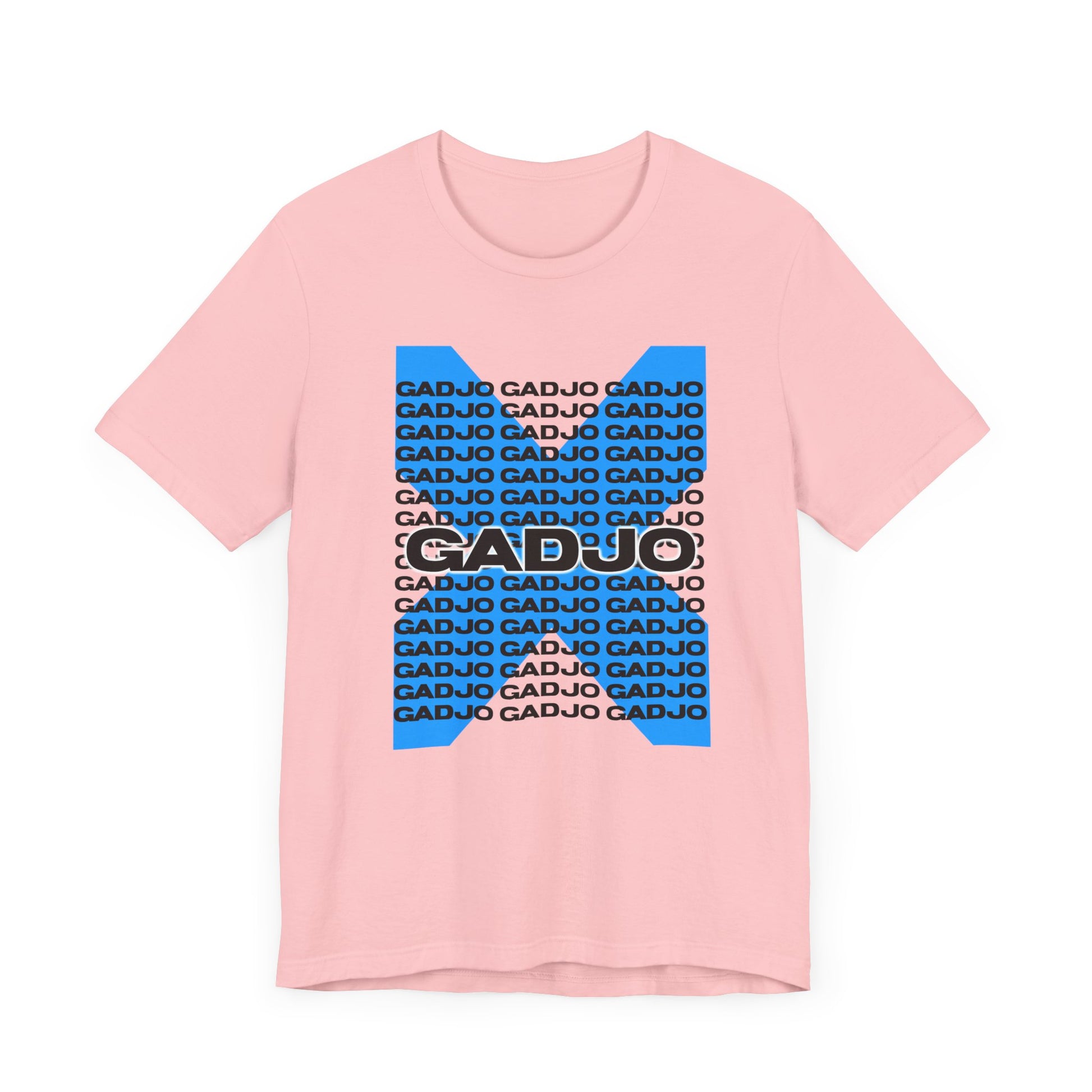 T-shirt featuring GADJO in a bold stencil font, layered over distressed grunge textures.