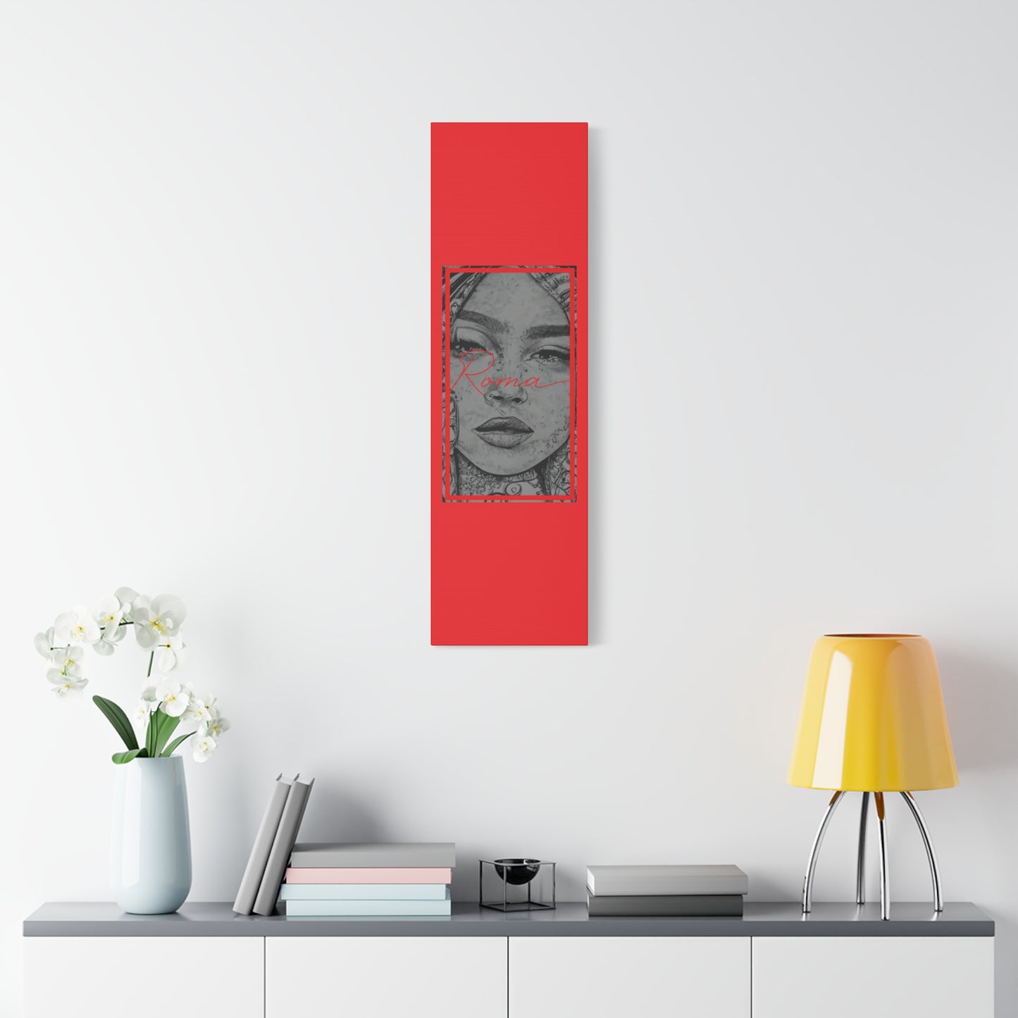 Wall-mounted canvas blending deep emotional tones of a girl’s face and elegant ROMA branding.