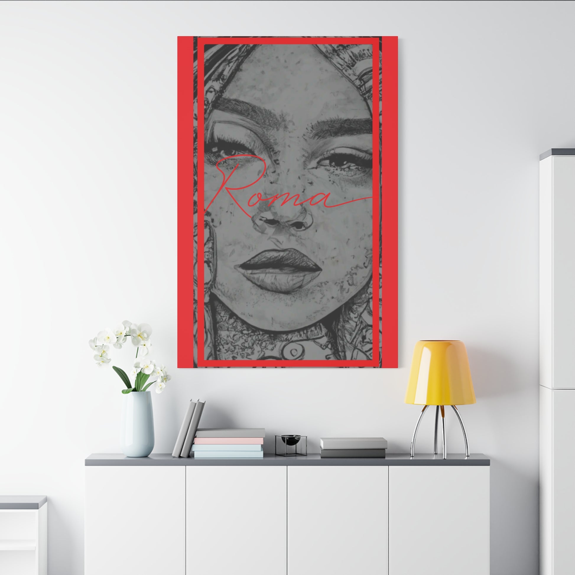 Wall-mounted canvas print of a girl’s face in soft tones, paired with expressive ROMA text.