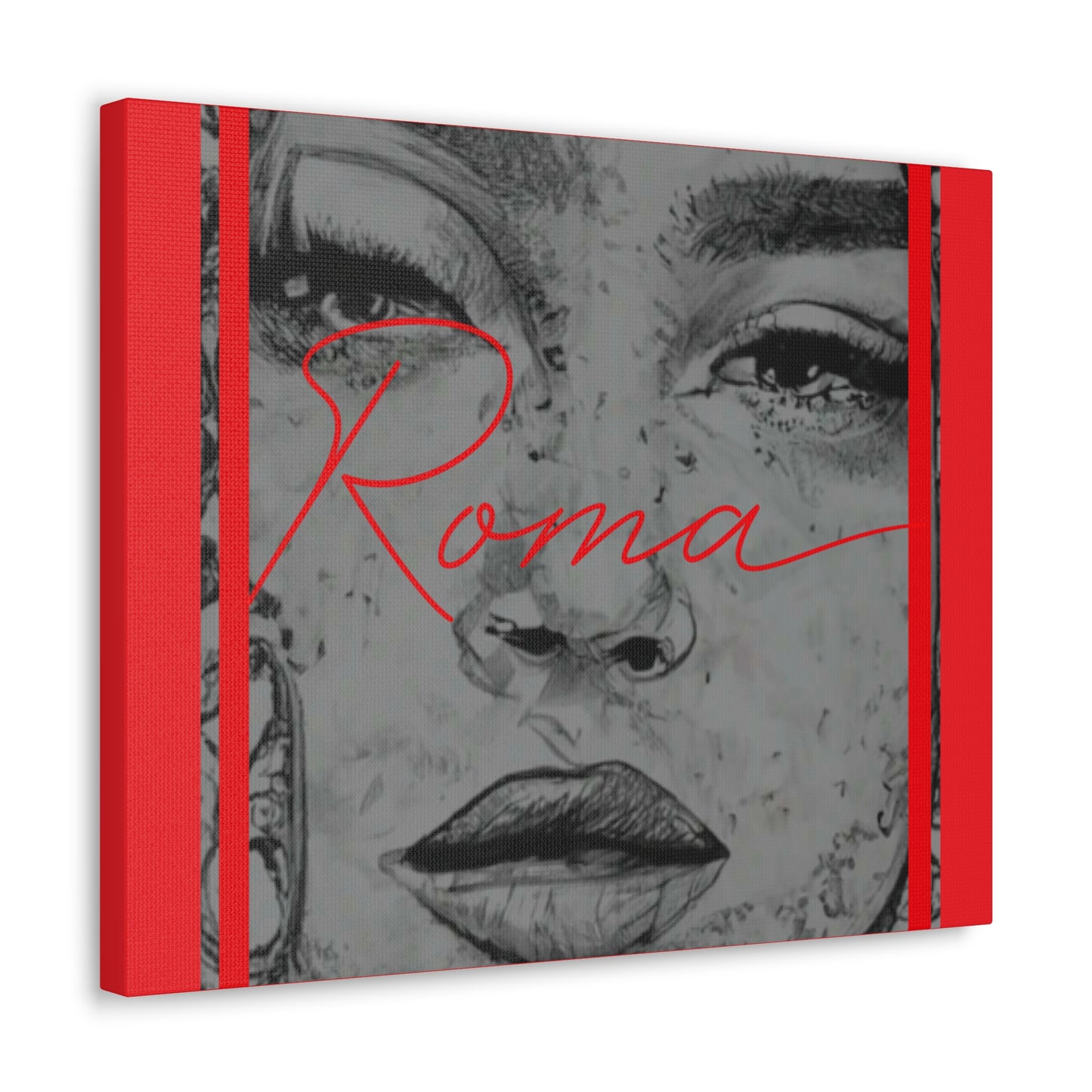 Artistic wall canvas showing a girl's watery eyes and thoughtful face, paired with vertical ROMA script in striking contrast.